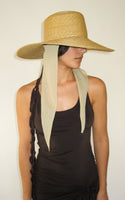 Wide Brim Flat Top Hat in Natural Straw w. Neck Shade - CLYDE