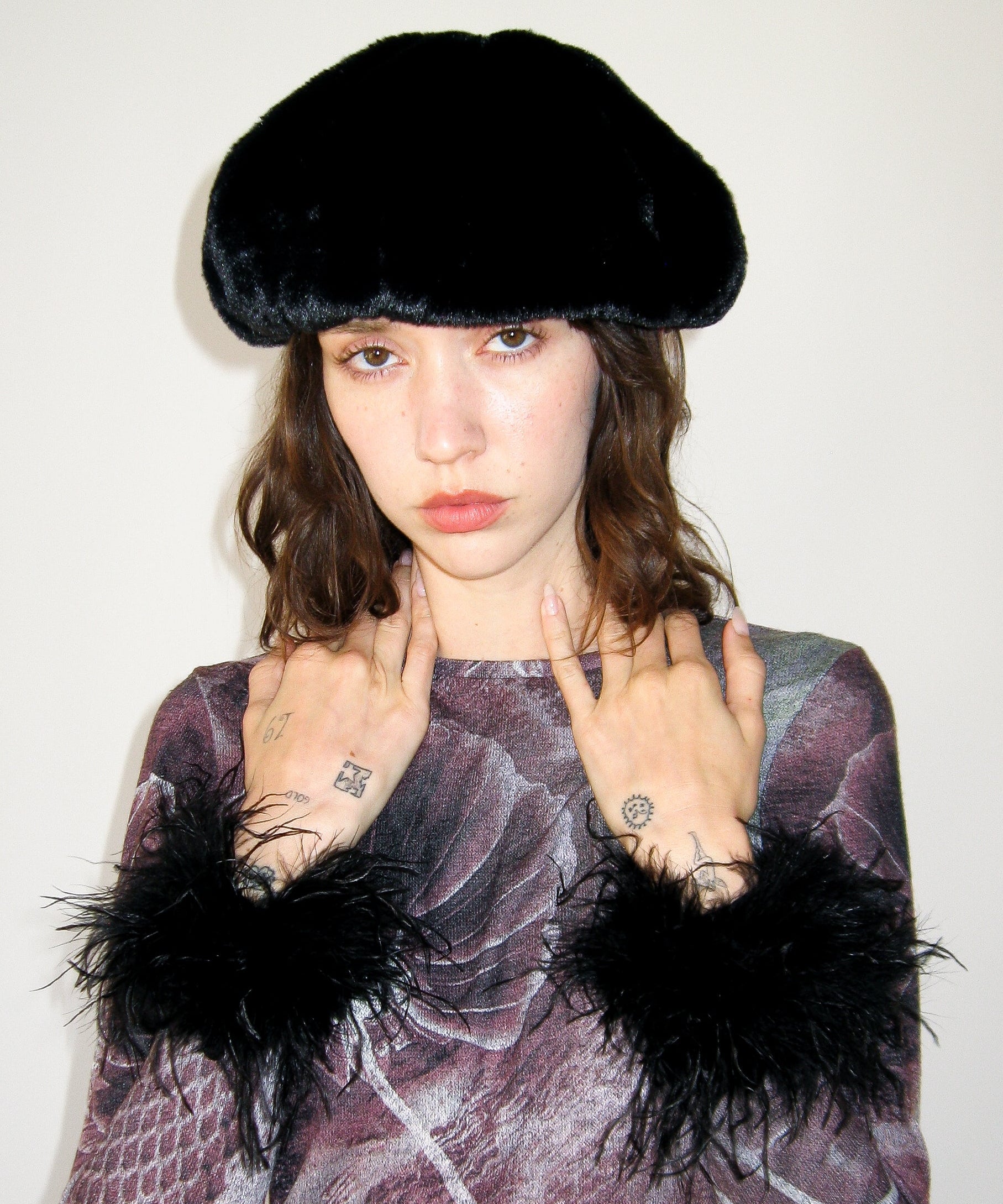 Faux Fur Beret in Black Faux - CLYDE