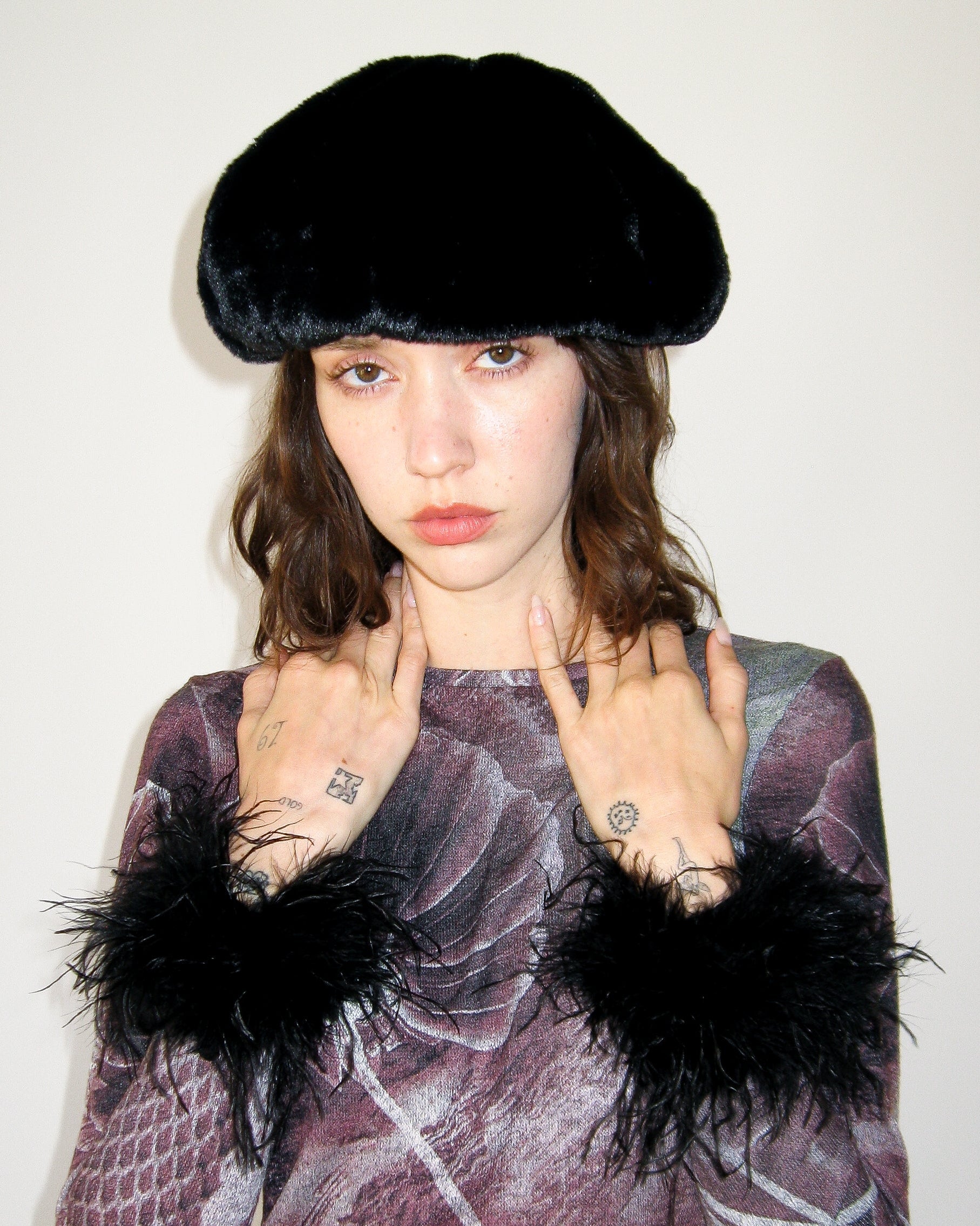 Faux Fur Beret in Black Faux - CLYDE