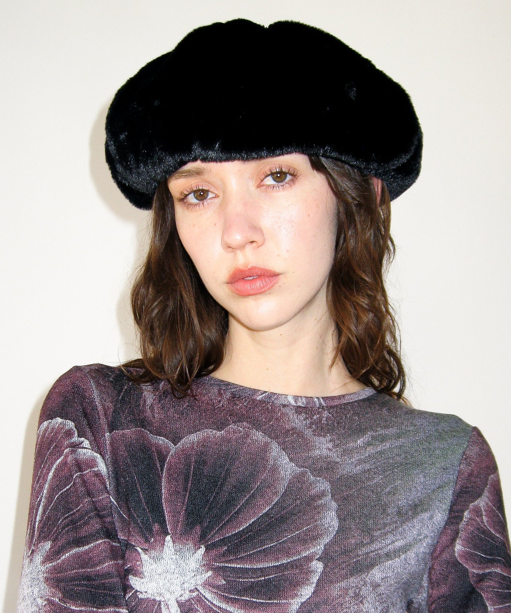 Faux Fur Beret in Black Faux - CLYDE