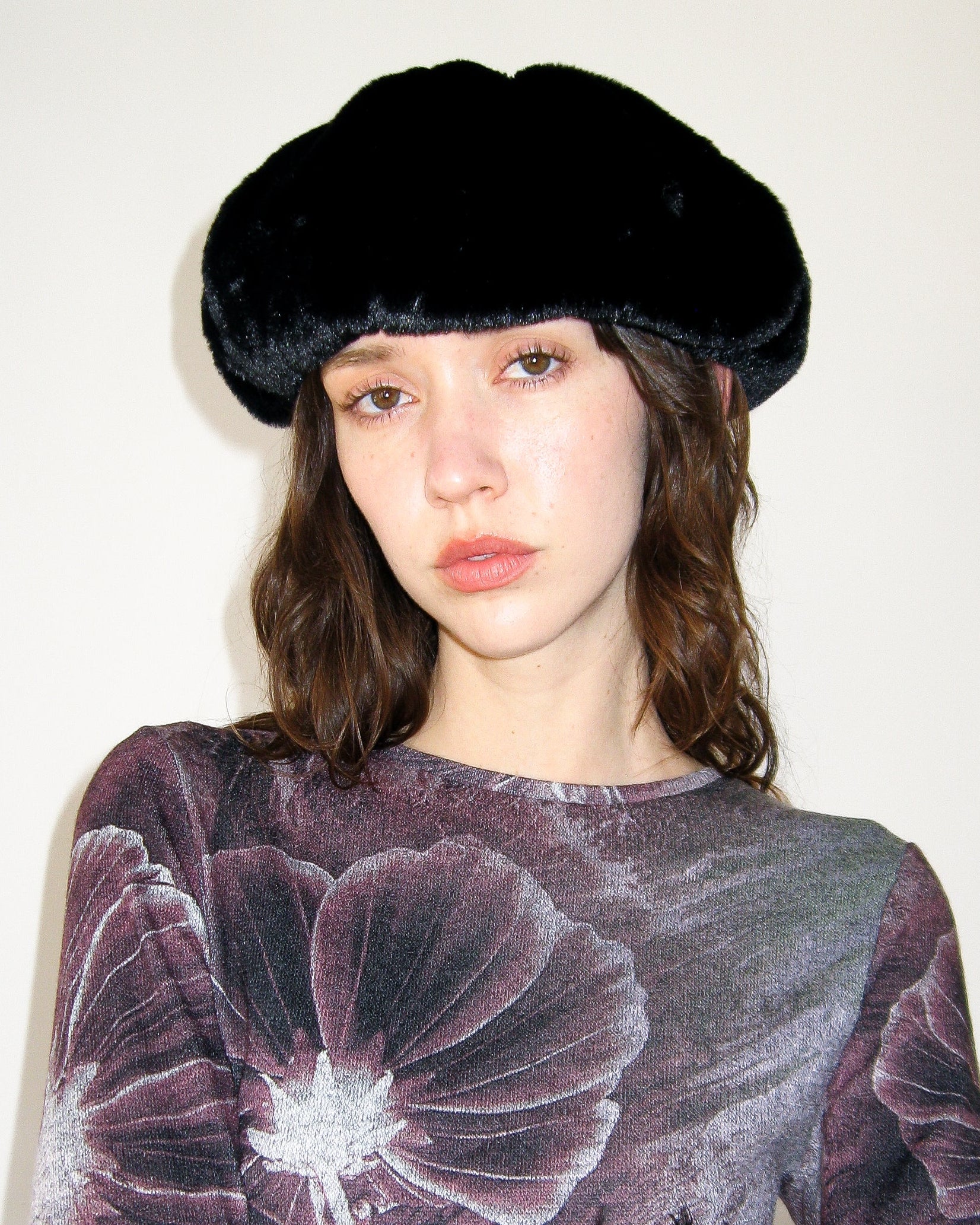 Faux Fur Beret in Black Faux - CLYDE