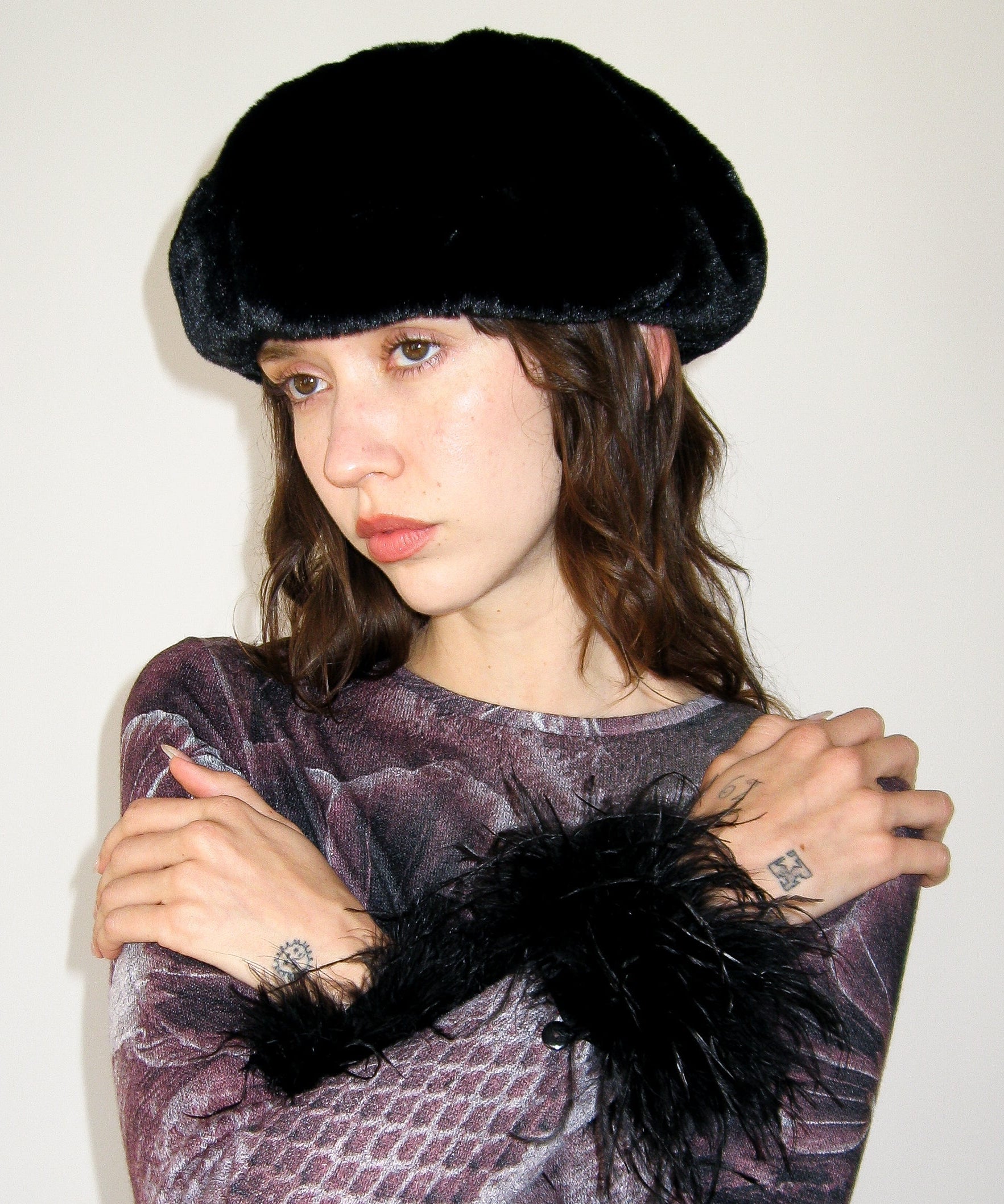 Faux Fur Beret in Black Faux - CLYDE
