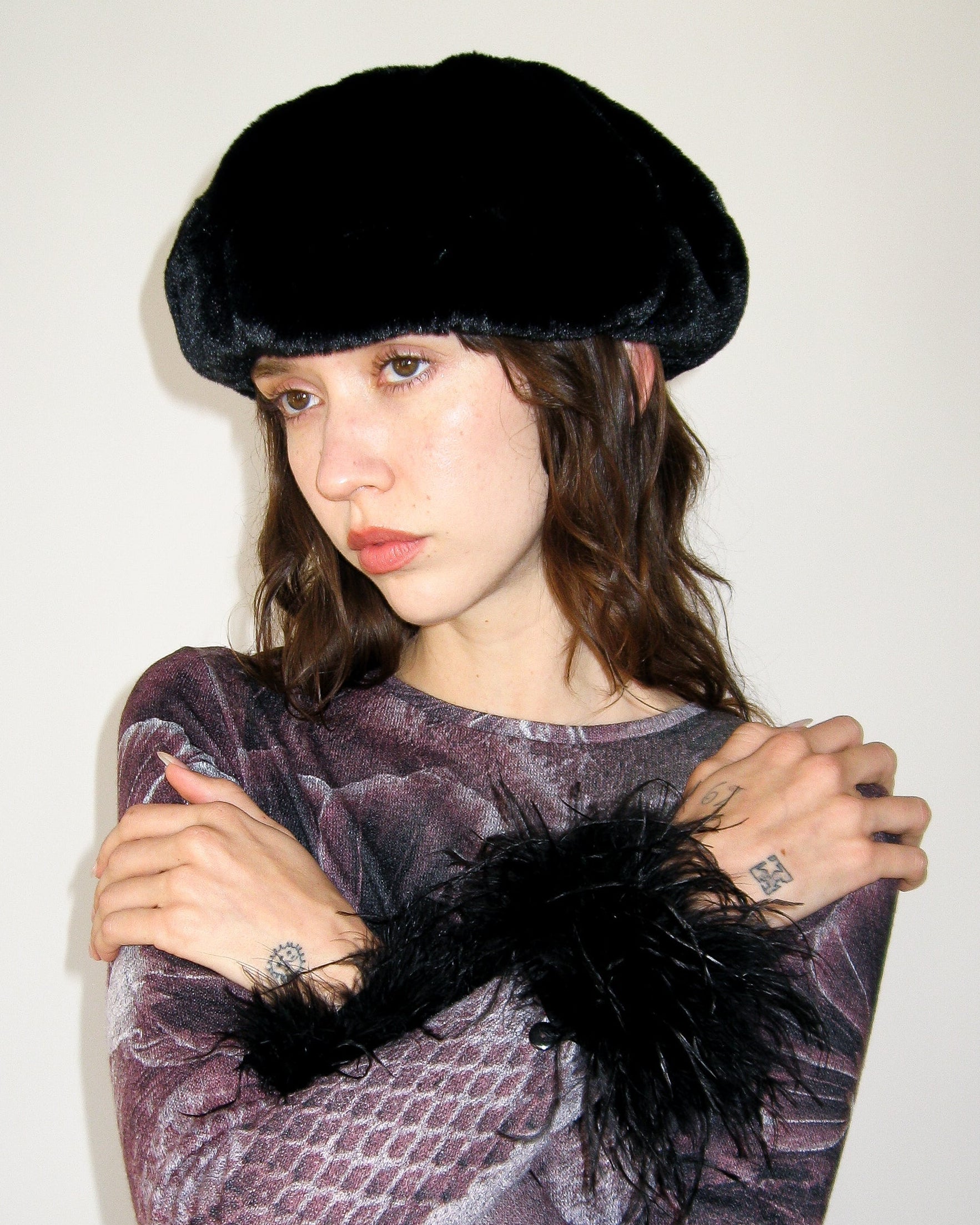 Faux Fur Beret in Black Faux - CLYDE