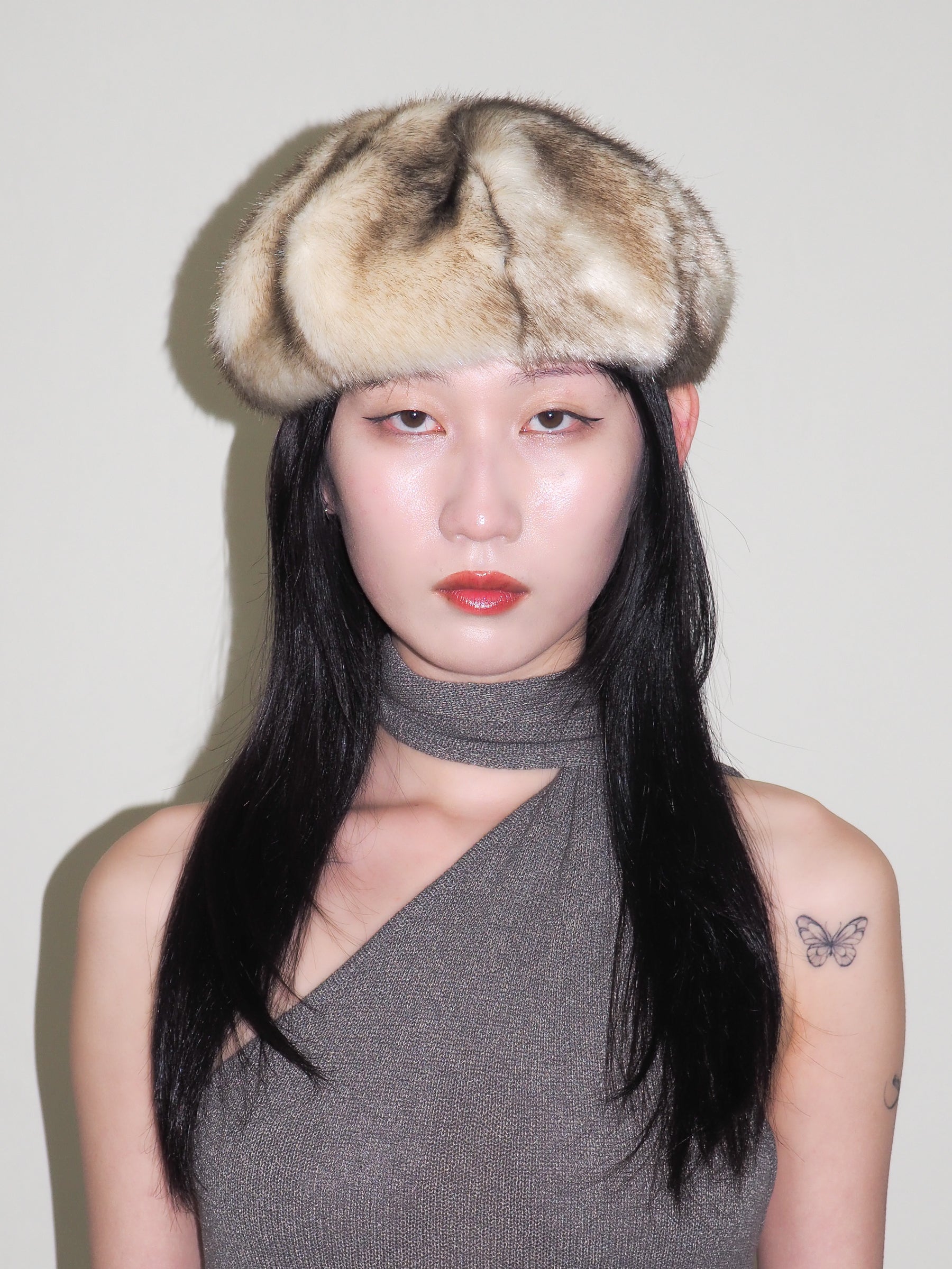 Faux Fur Beret in Cream Faux Chinchilla - CLYDE