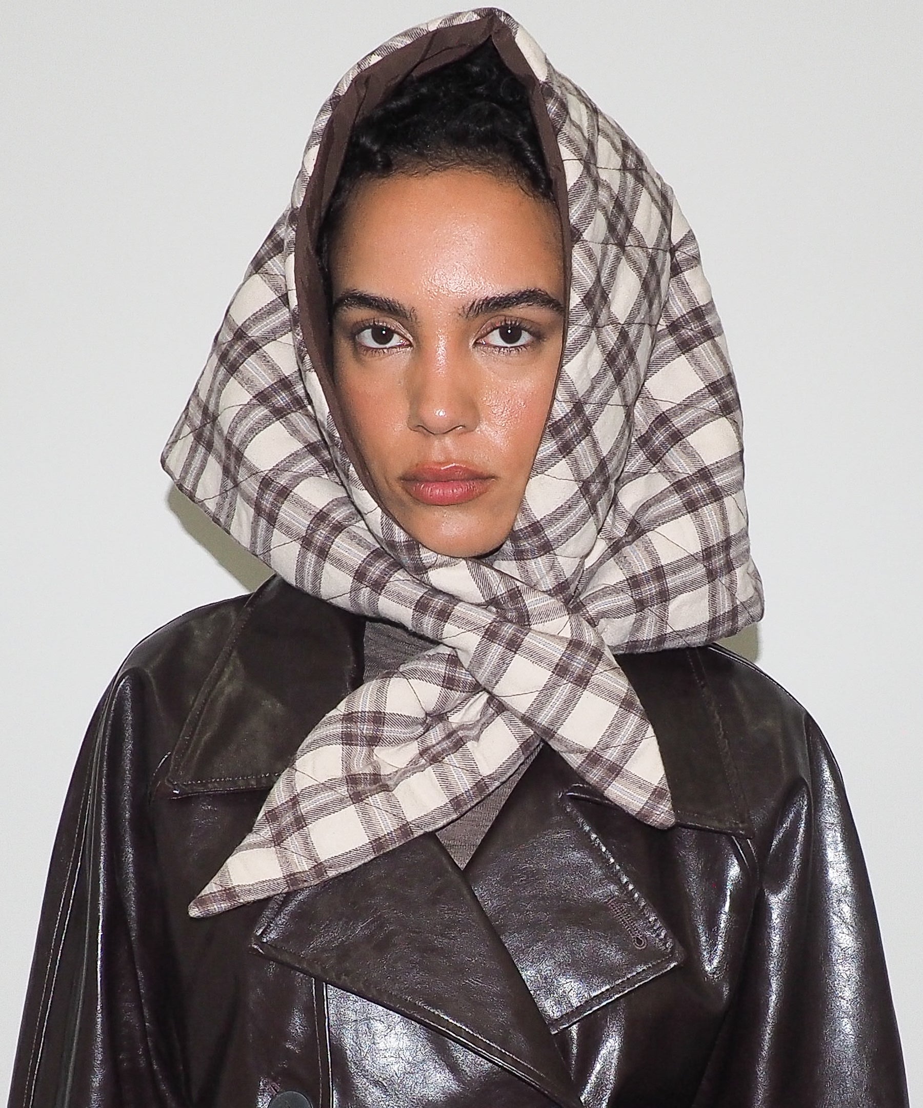 Puff Scarf in Brown & Beige Plaid Nylon - CLYDE