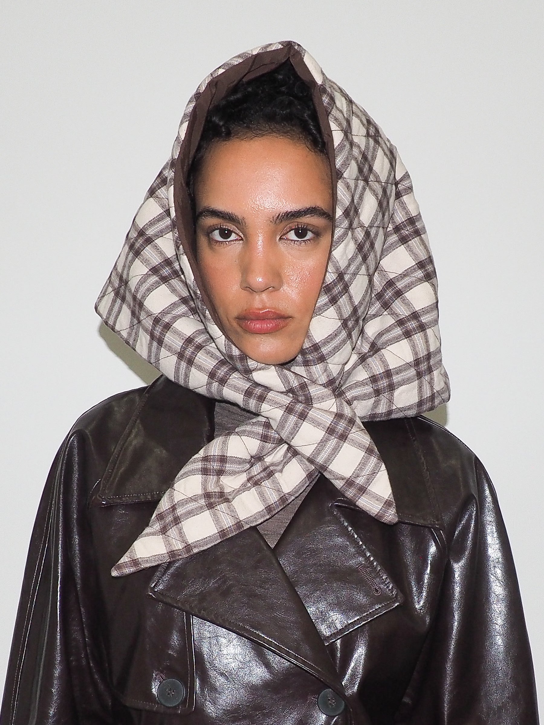 Puff Scarf in Brown & Beige Plaid Nylon - CLYDE