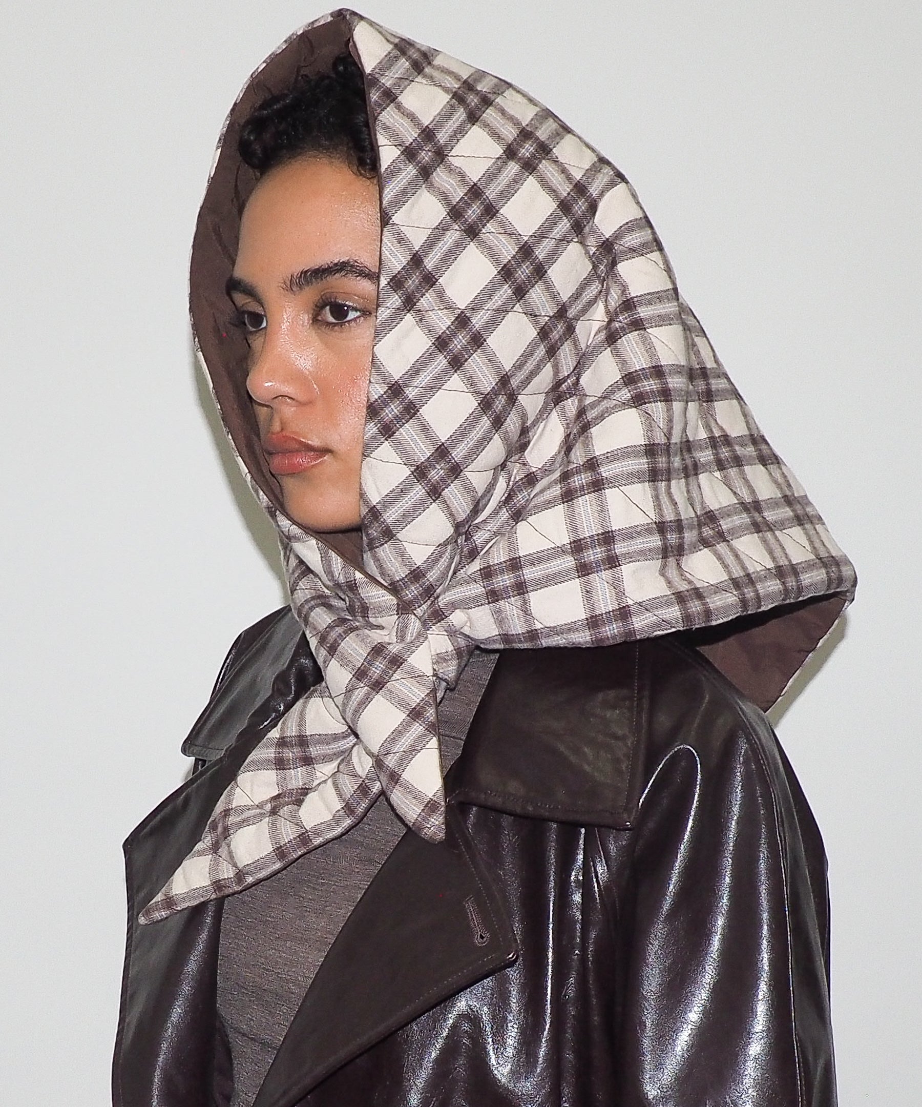 Puff Scarf in Brown & Beige Plaid Nylon - CLYDE