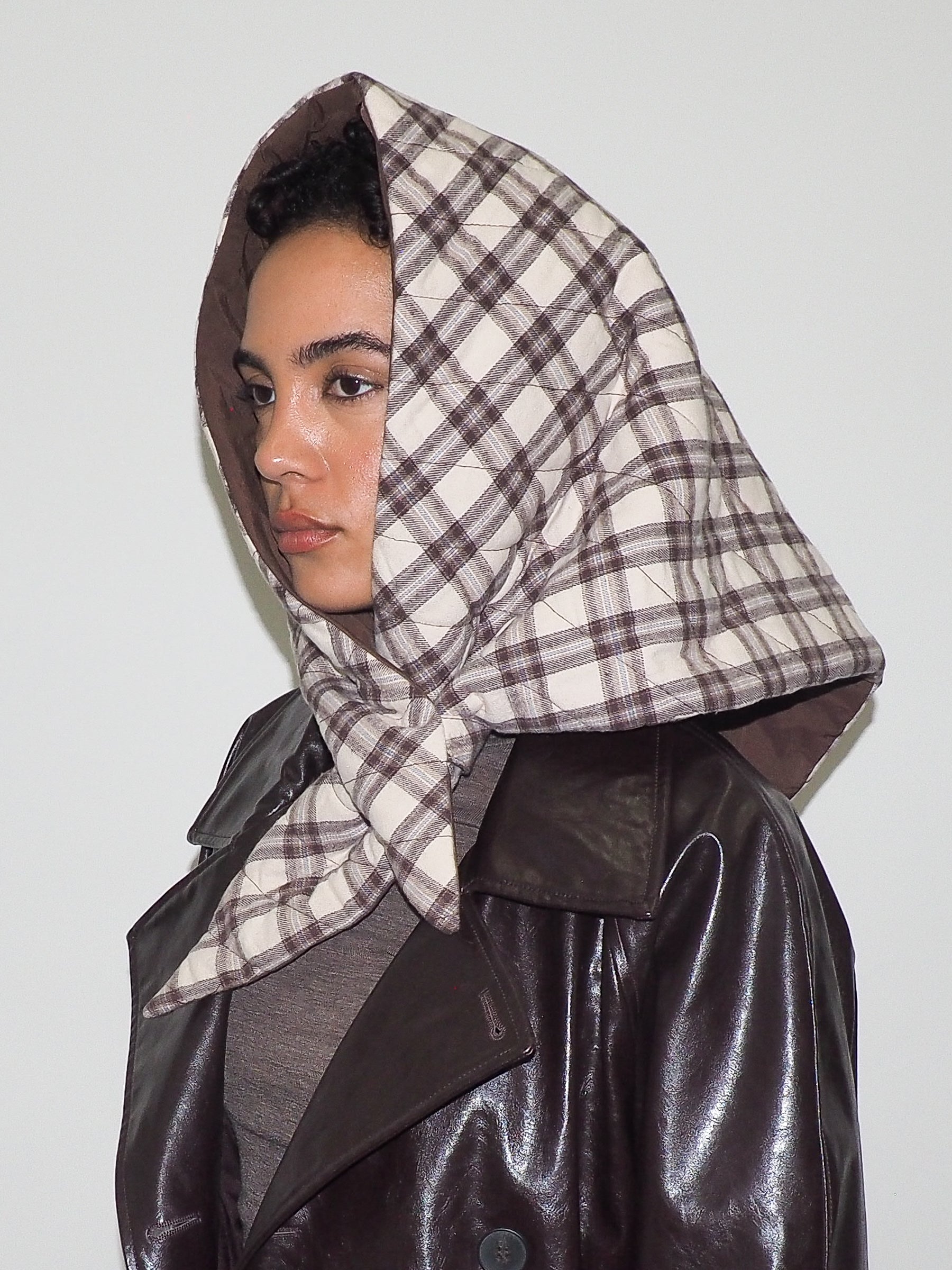 Puff Scarf in Brown & Beige Plaid Nylon - CLYDE