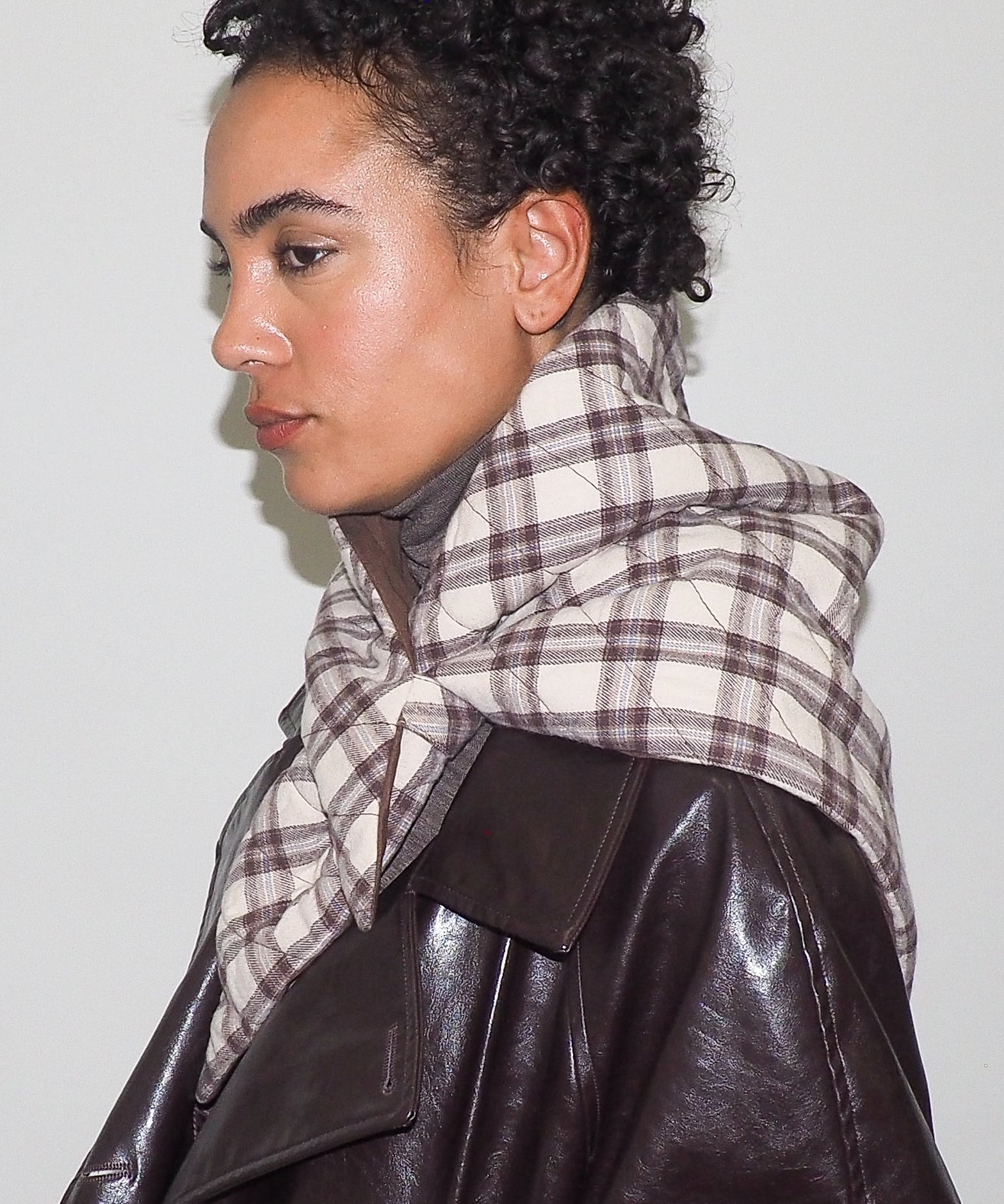 Puff Scarf in Brown & Beige Plaid Nylon - CLYDE
