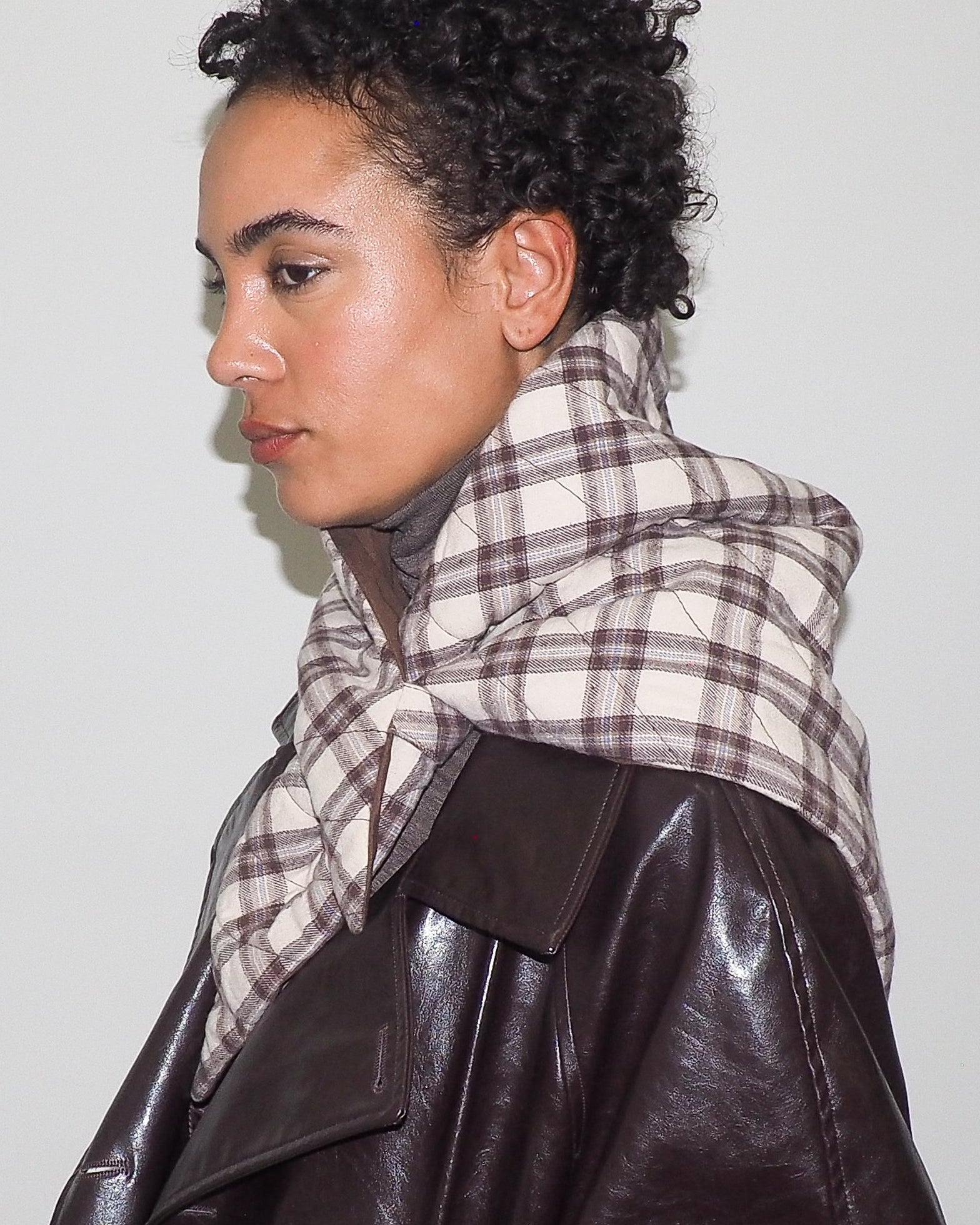 Puff Scarf in Brown & Beige Plaid Nylon - CLYDE