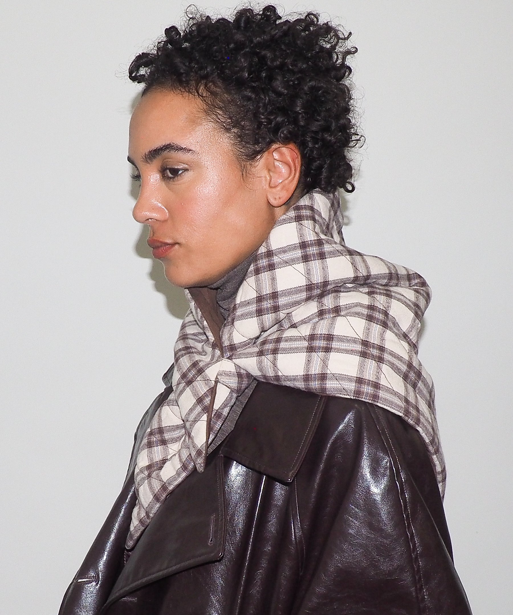 Puff Scarf in Brown & Beige Plaid Nylon - CLYDE