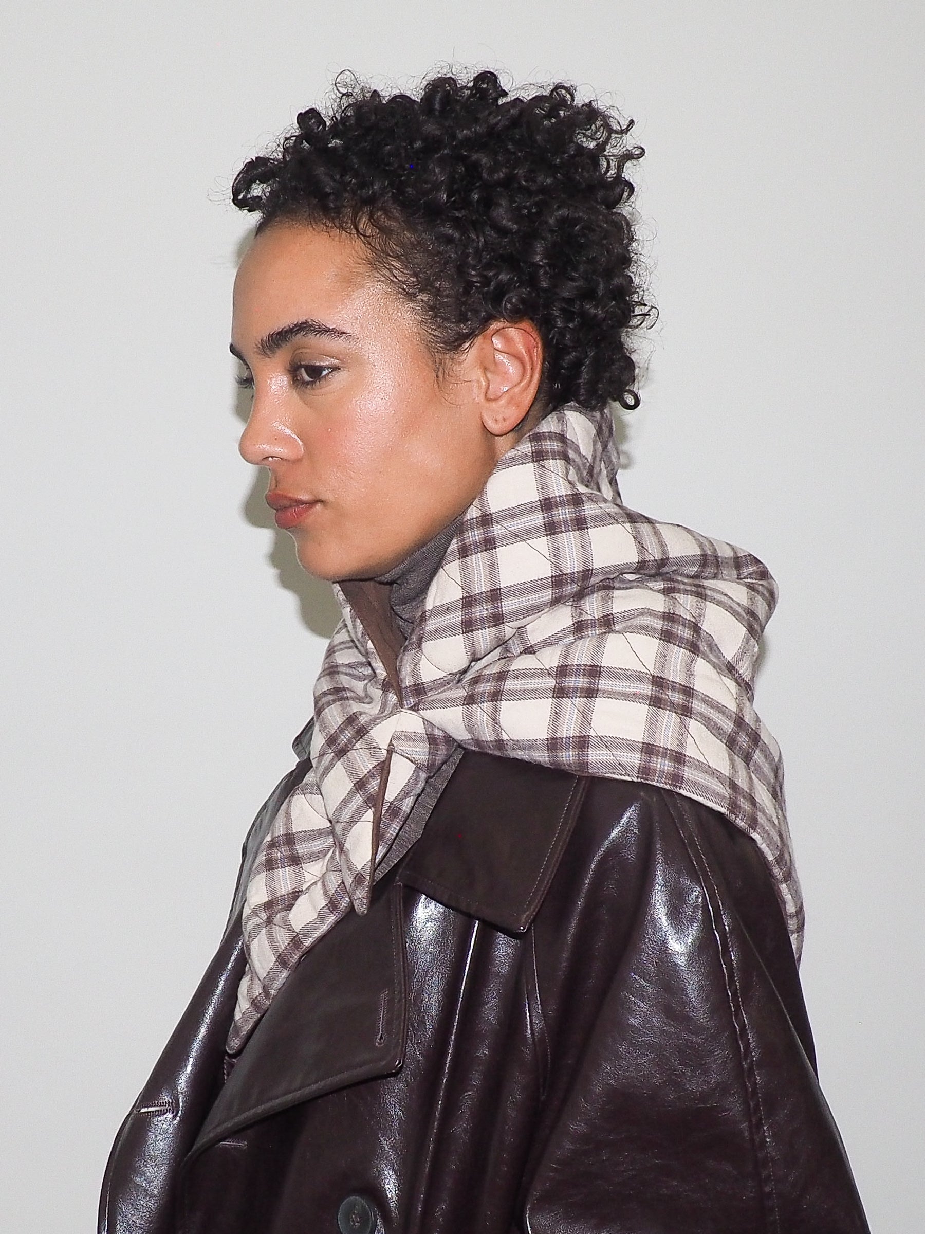 Puff Scarf in Brown & Beige Plaid Nylon - CLYDE
