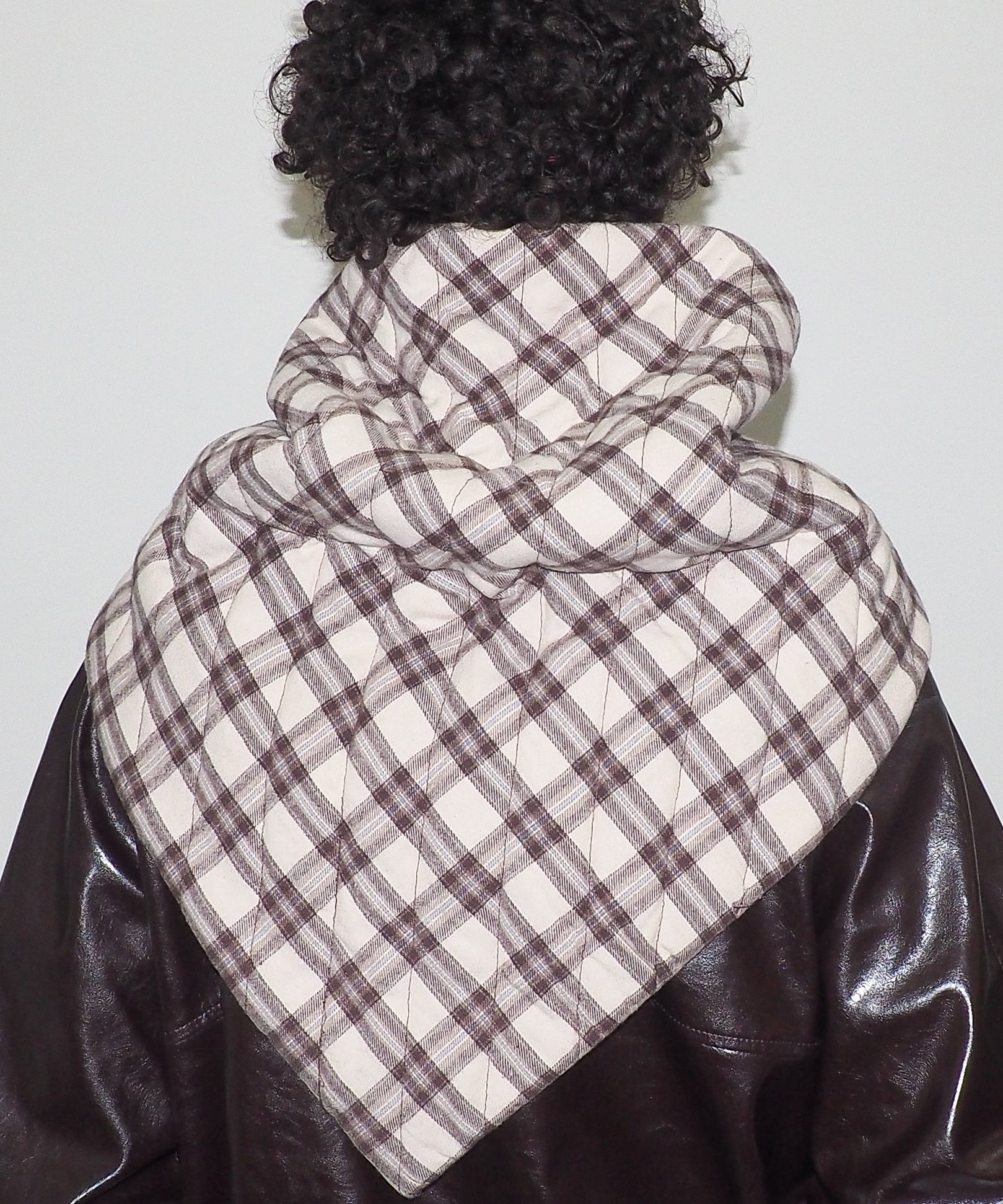 Puff Scarf in Brown & Beige Plaid Nylon - CLYDE