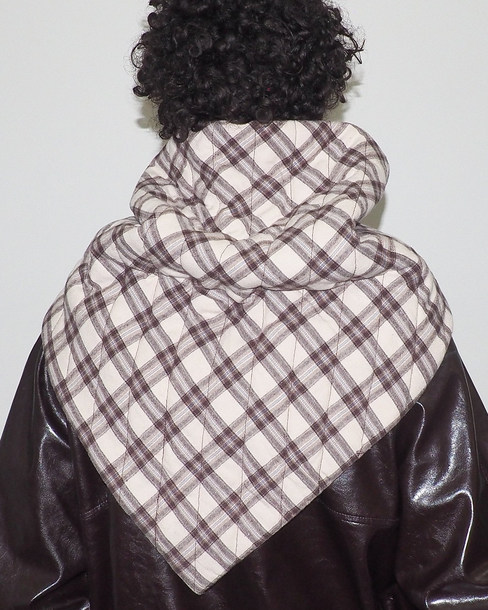Puff Scarf in Brown & Beige Plaid Nylon - CLYDE
