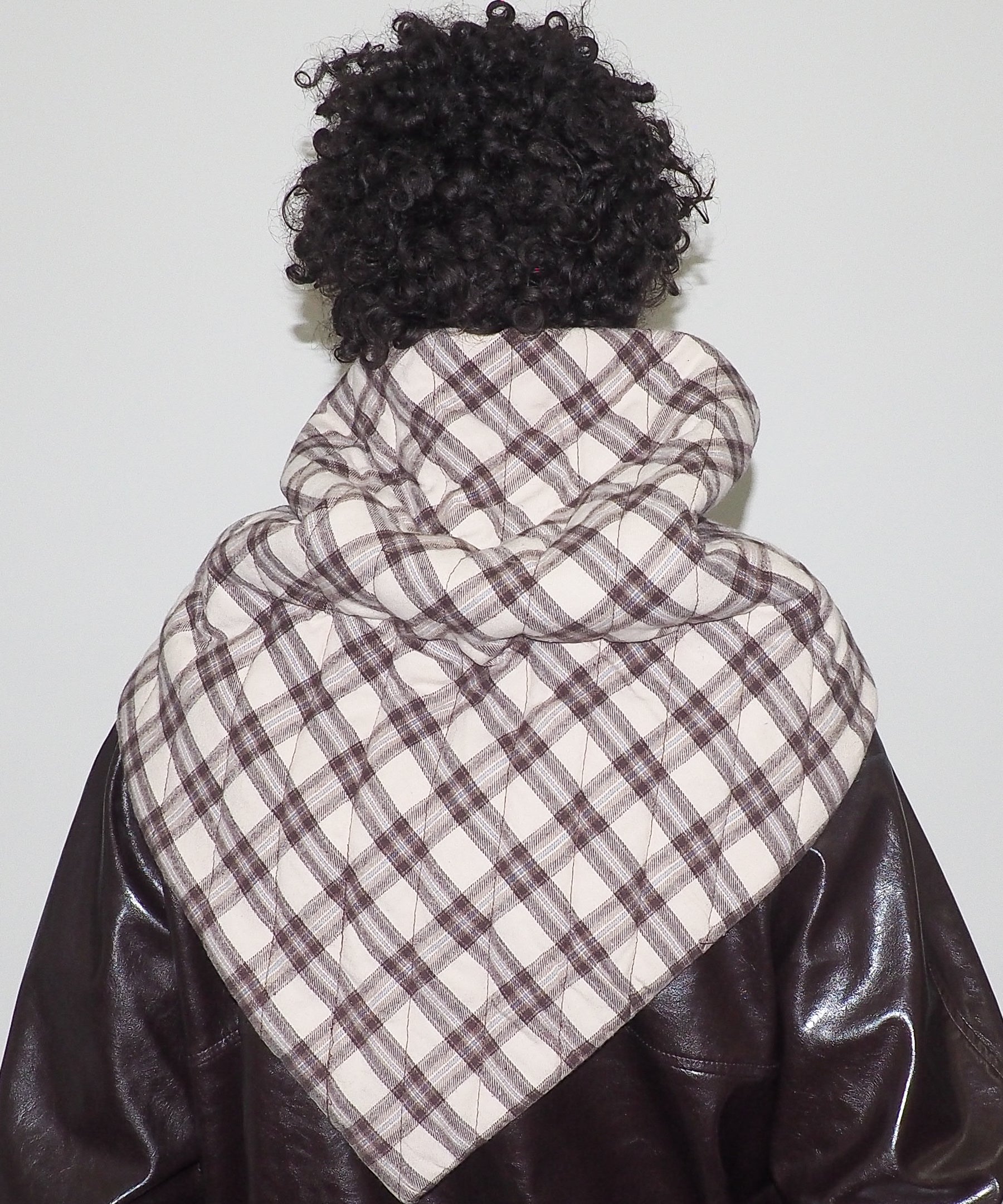 Puff Scarf in Brown & Beige Plaid Nylon - CLYDE