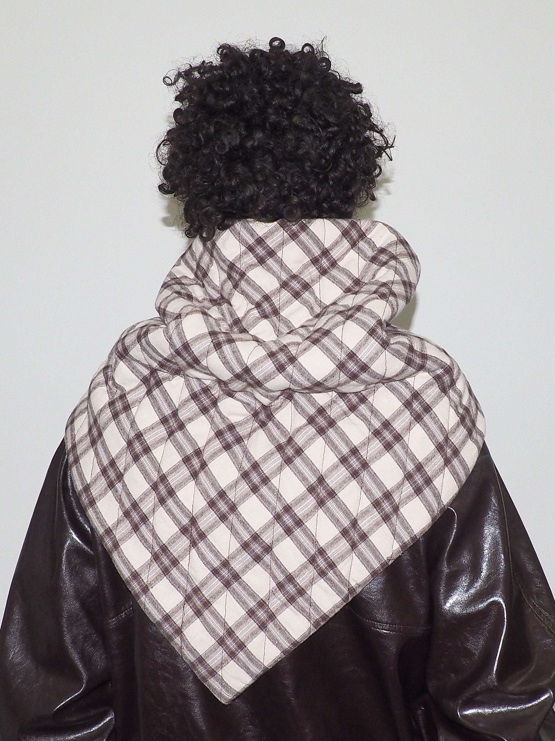 Puff Scarf in Brown & Beige Plaid Nylon - CLYDE