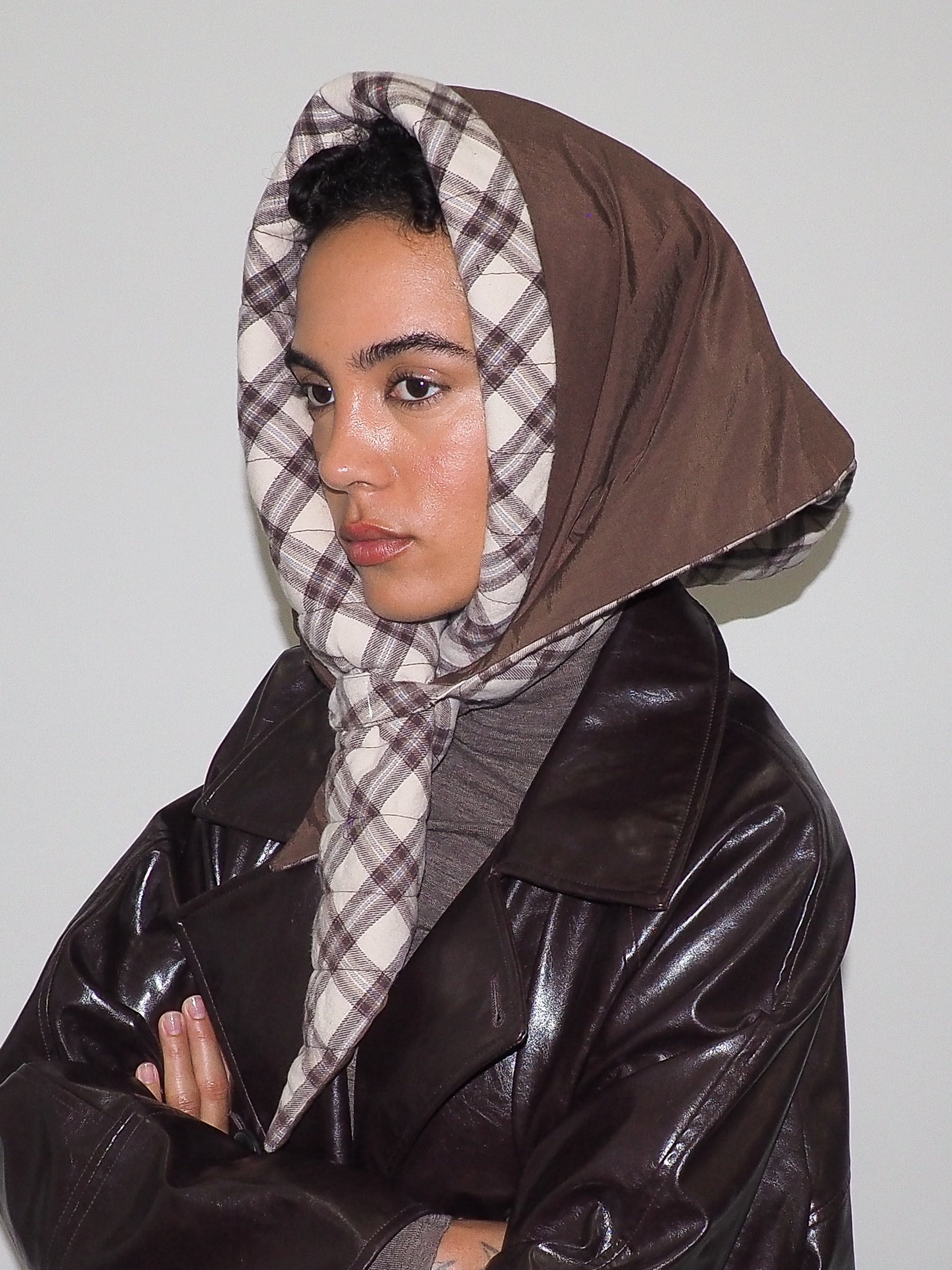 Puff Scarf in Brown & Beige Plaid Nylon - CLYDE