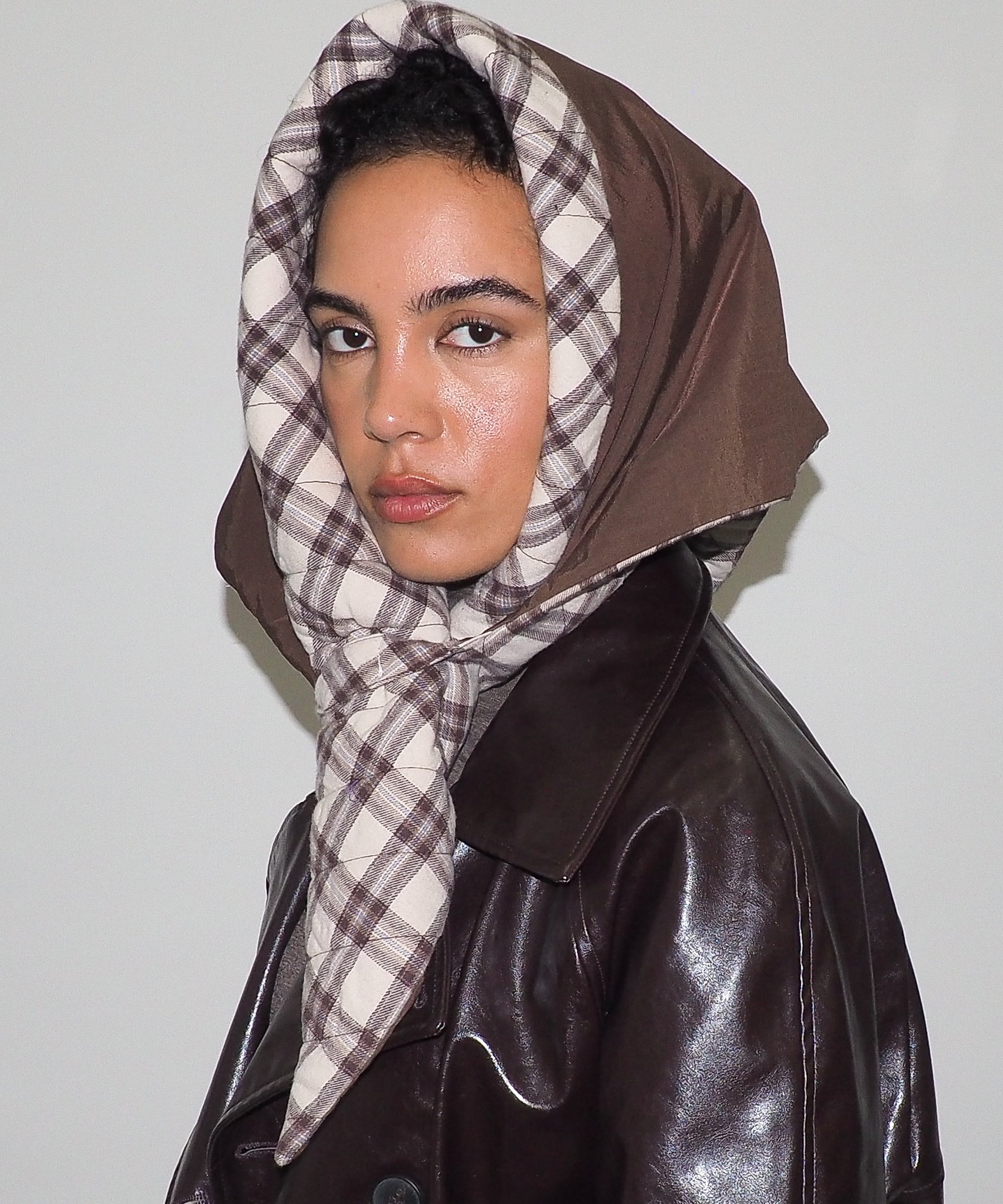 Puff Scarf in Brown & Beige Plaid Nylon - CLYDE