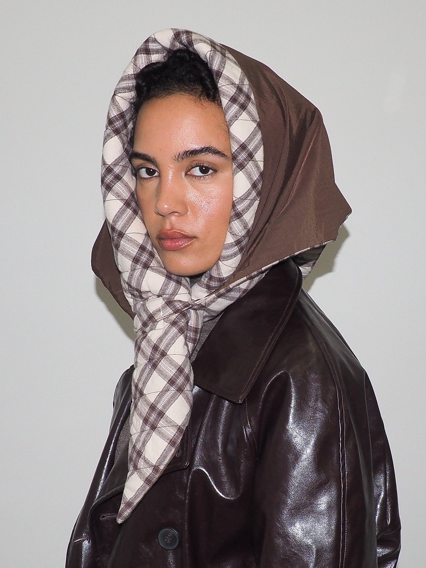 Puff Scarf in Brown & Beige Plaid Nylon - CLYDE