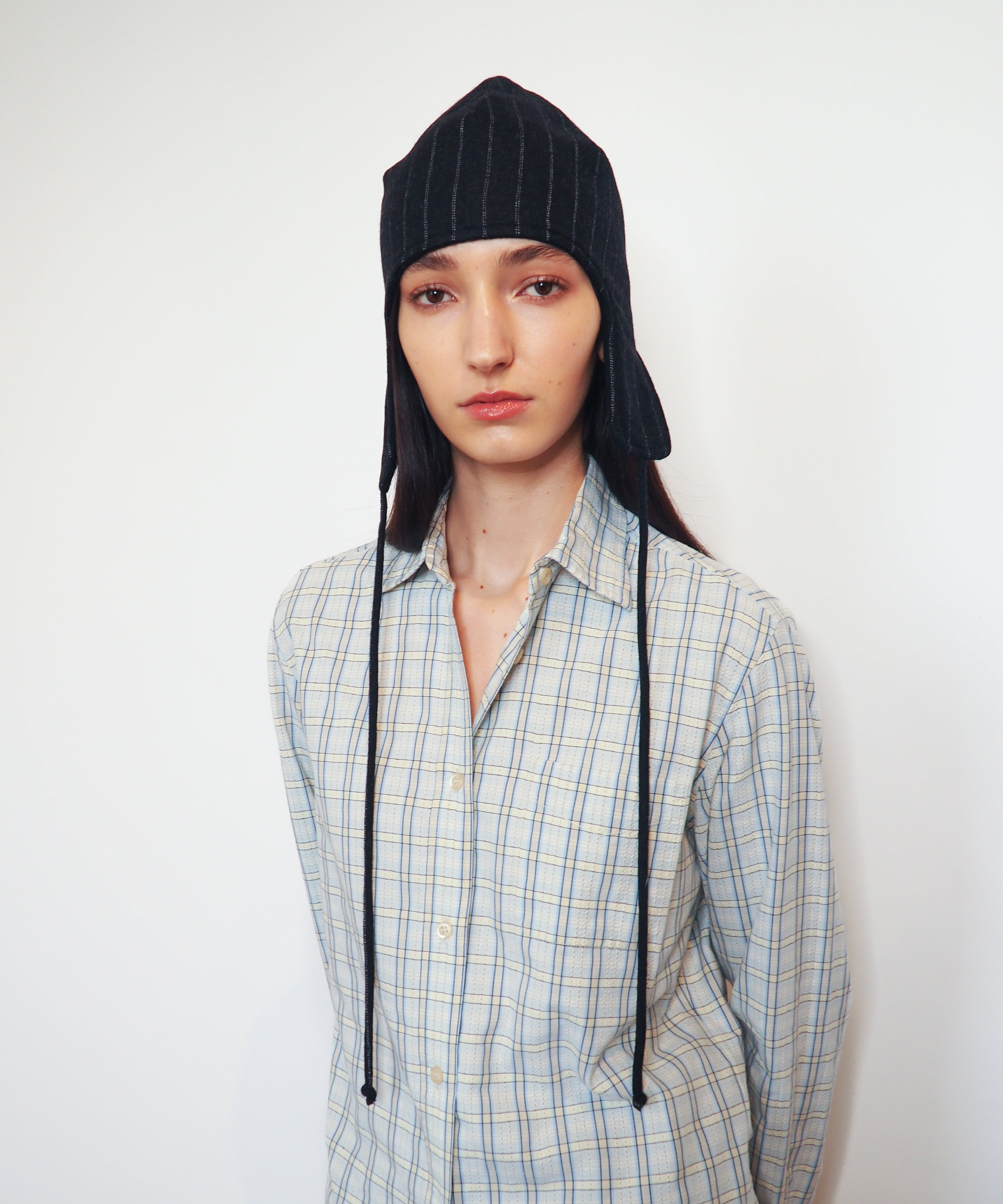Wool Suiting Beanie in Charcoal Pinstripe - CLYDE
