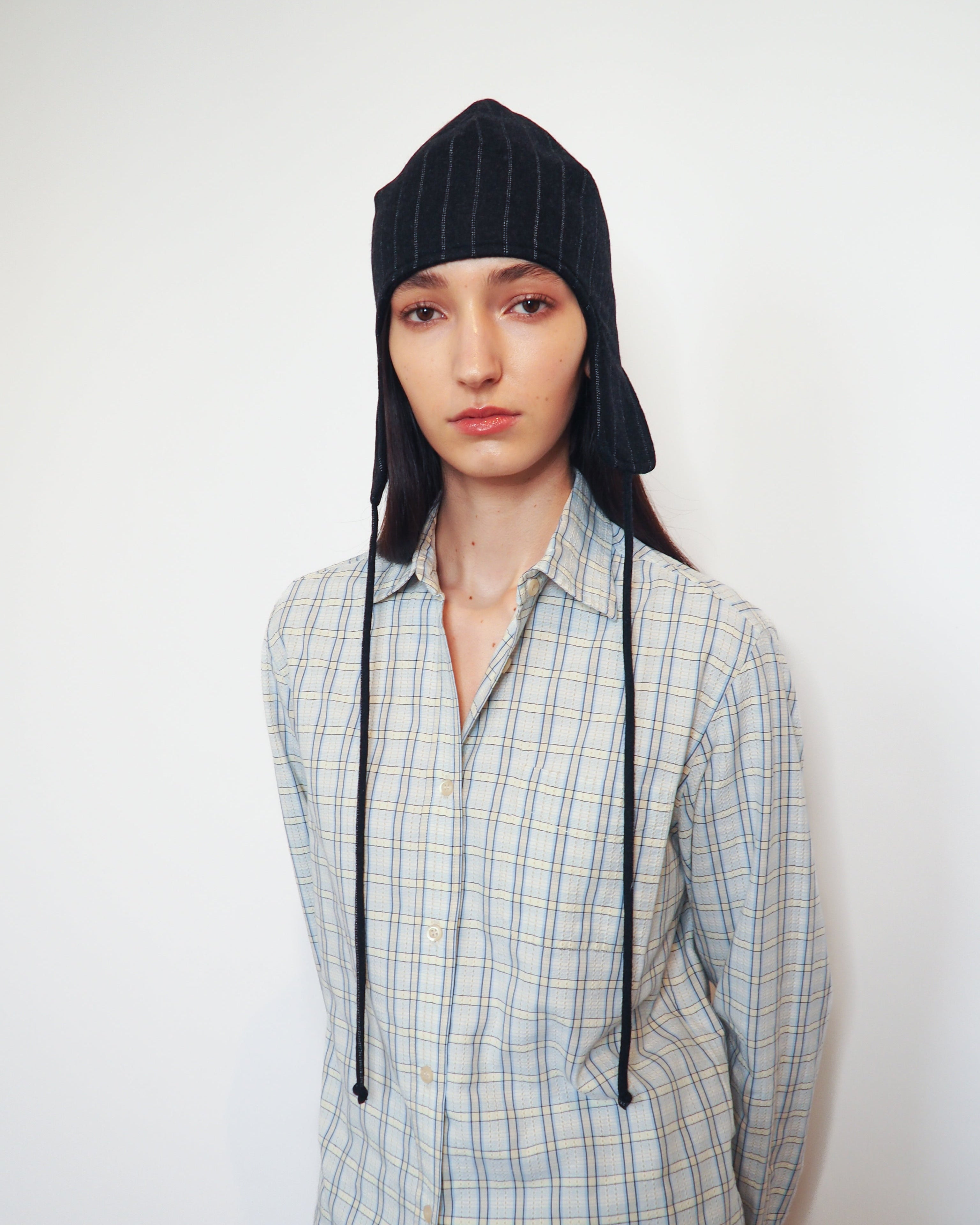 Wool Suiting Beanie in Charcoal Pinstripe - CLYDE