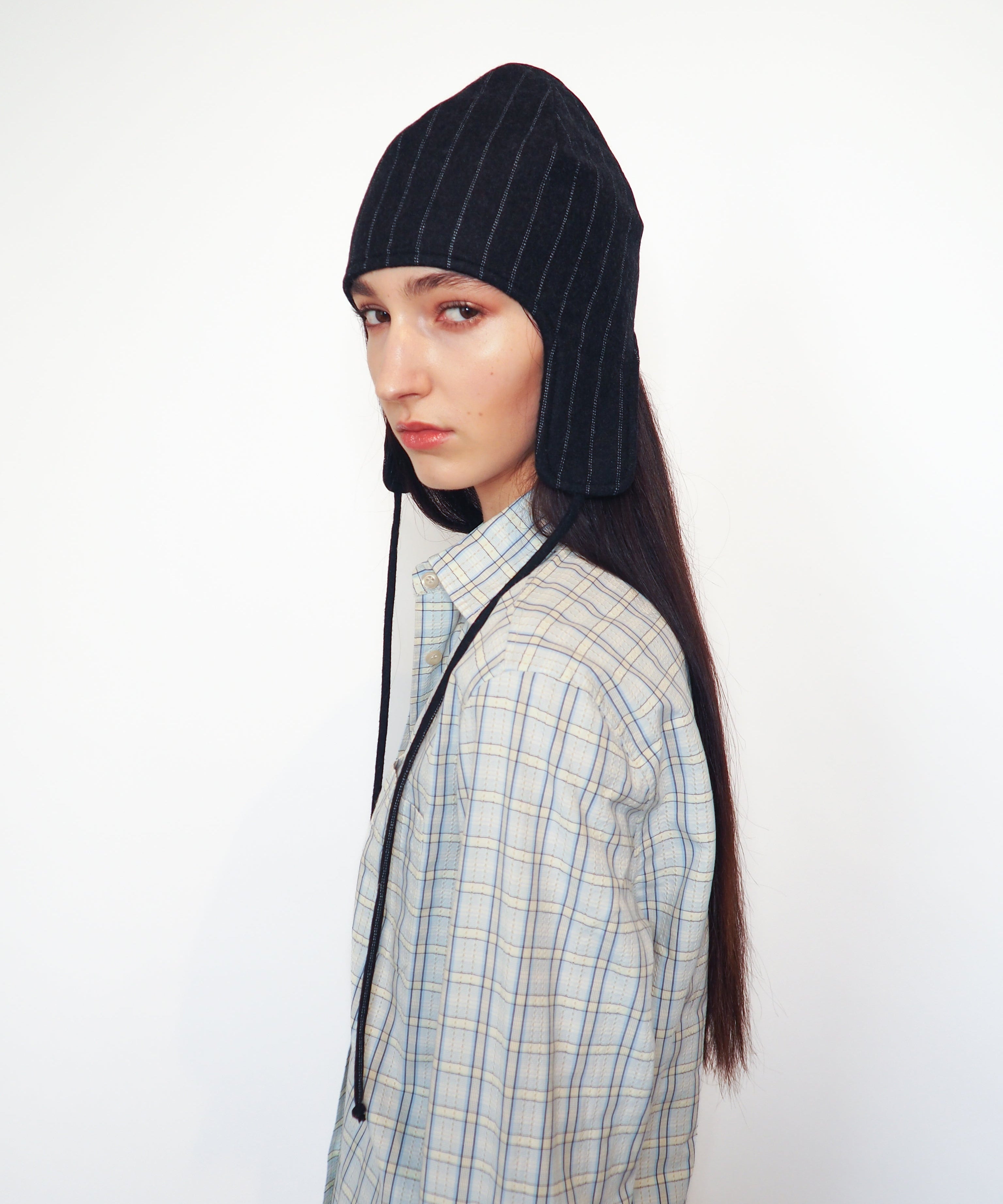 Wool Suiting Beanie in Charcoal Pinstripe - CLYDE