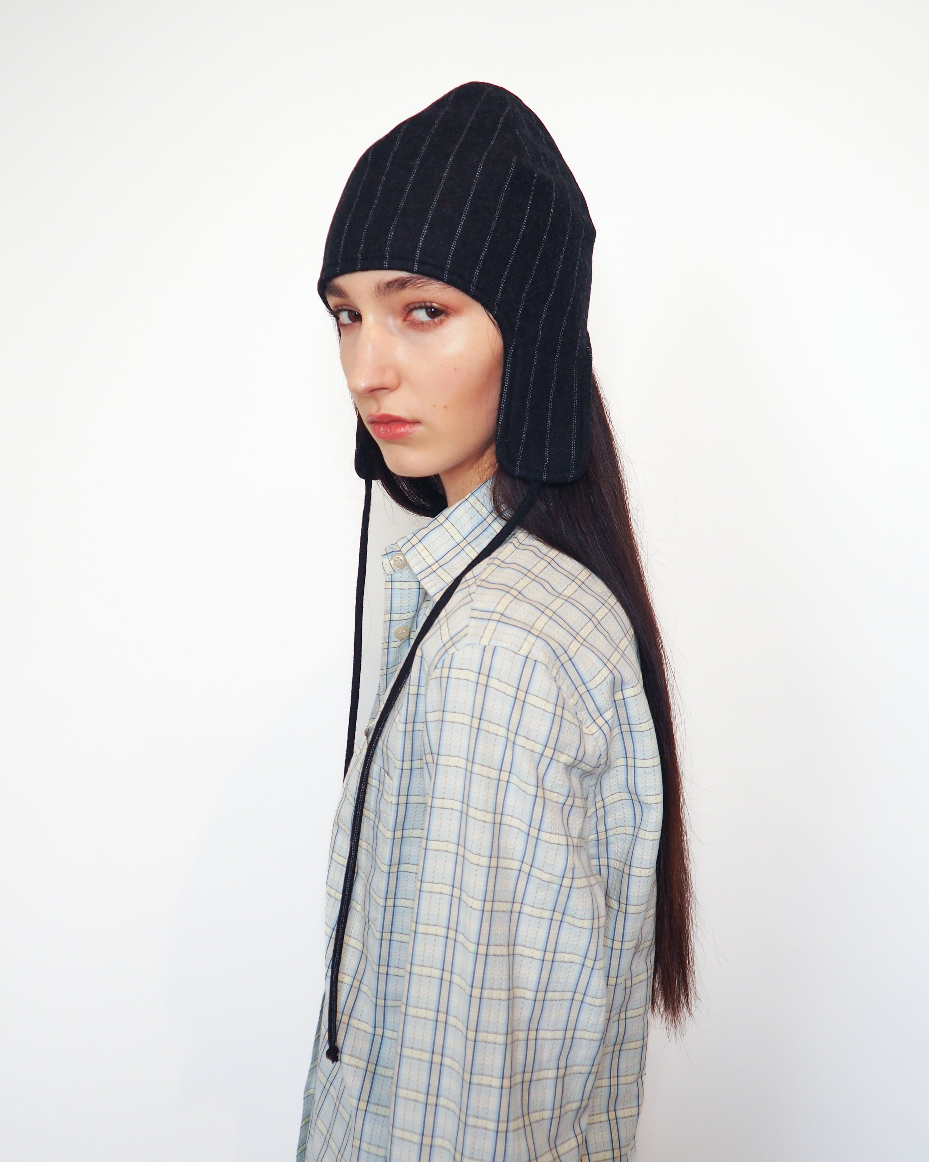 Wool Suiting Beanie in Charcoal Pinstripe - CLYDE