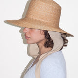 Medium Brim Flat Top Hat in Sand Straw w. Neck Shade - CLYDE