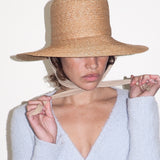 Medium Brim Flat Top Hat in Sand Straw w. Neck Shade - CLYDE