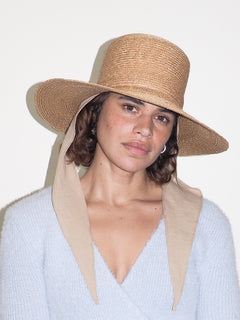Medium Brim Flat Top Hat in Sand Straw w. Neck Shade - CLYDE