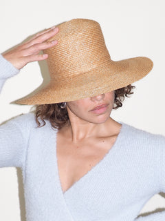 Medium Brim Flat Top Hat in Sand Straw - CLYDE