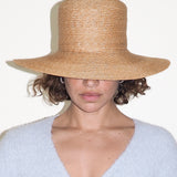 Medium Brim Flat Top Hat in Sand Straw - CLYDE