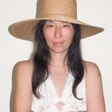 Wide Brim Flat Top Hat in Sand Straw - CLYDE