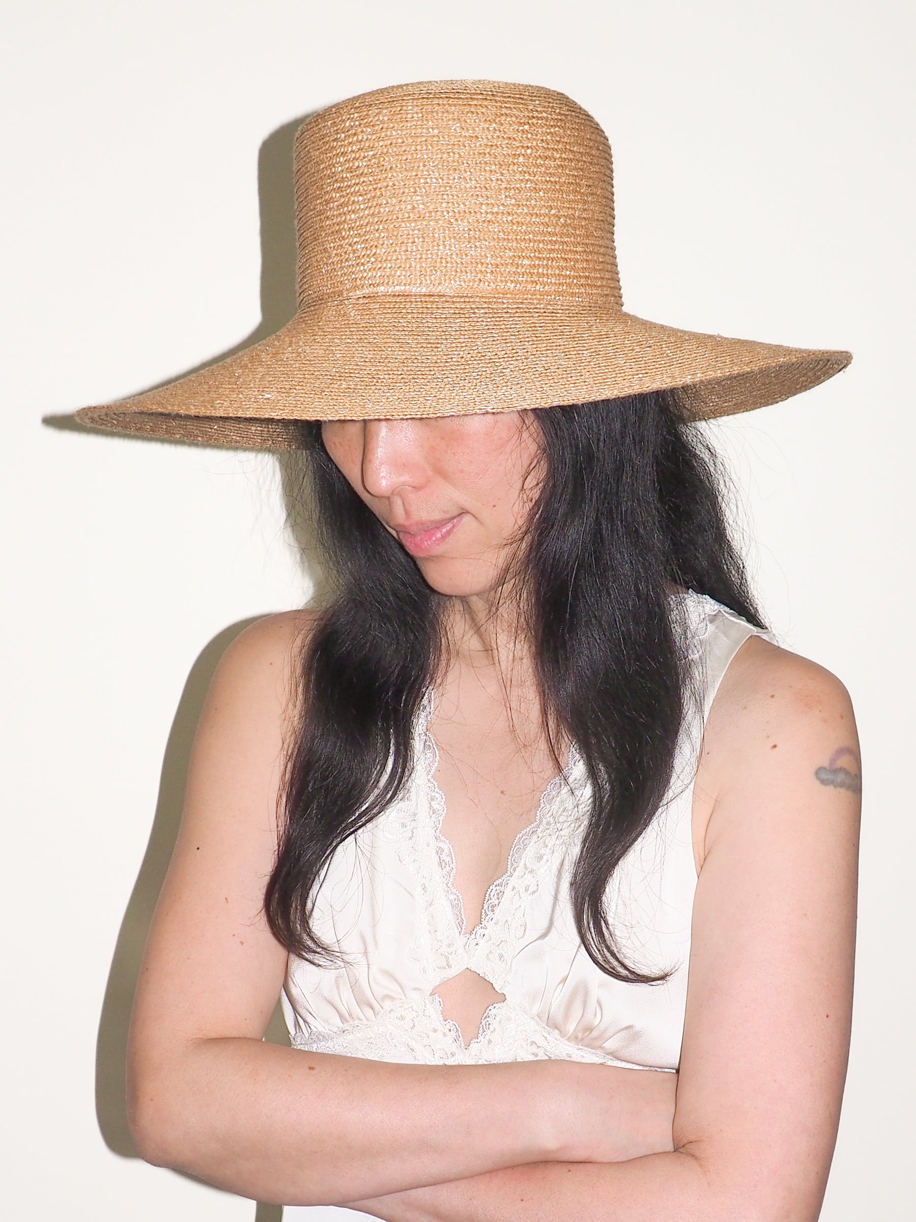 Wide Brim Flat Top Hat in Sand Straw - CLYDE