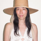 Wide Brim Flat Top Hat in Sand Straw w. Neck Shade - CLYDE