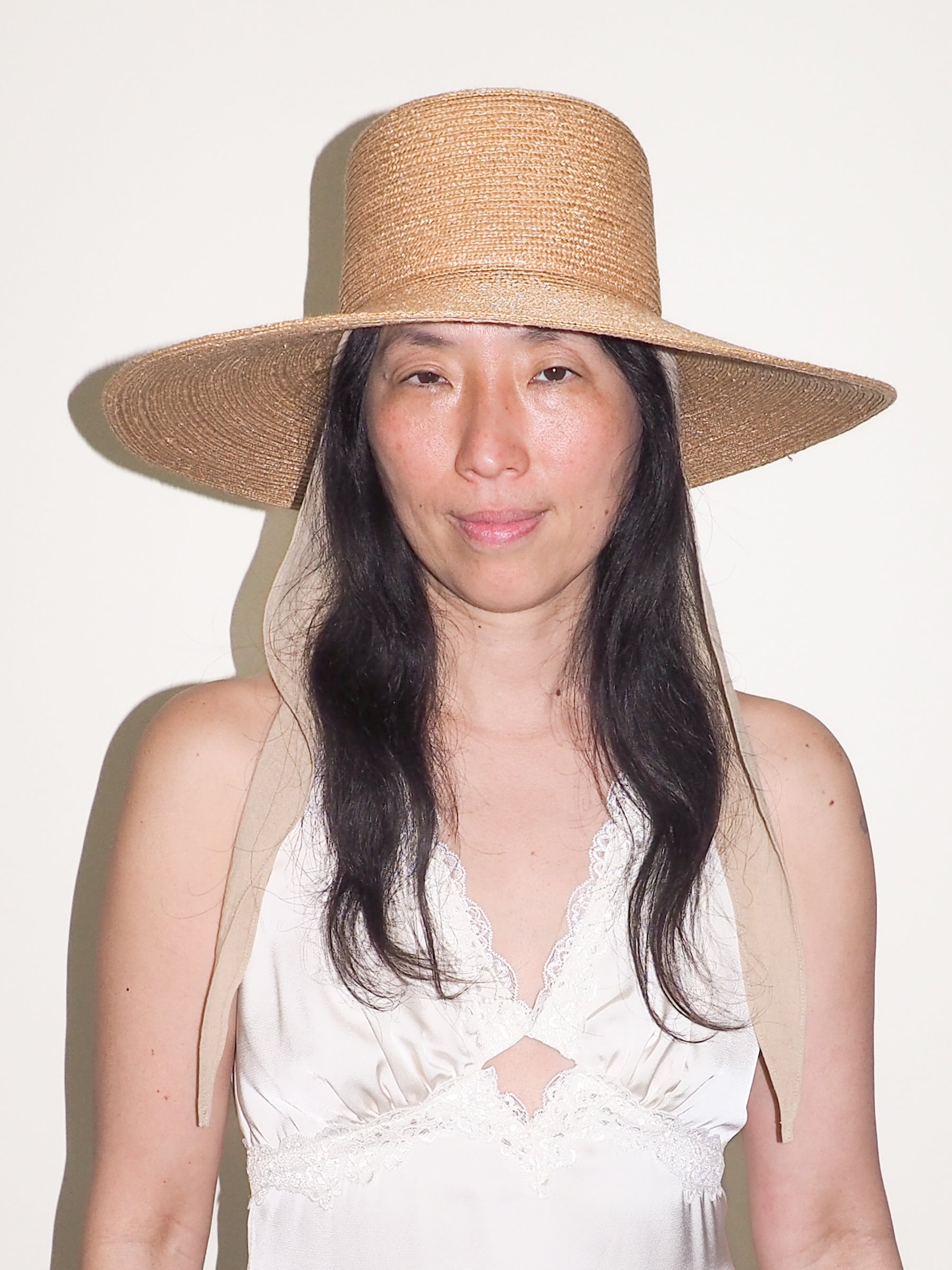 Wide Brim Flat Top Hat in Sand Straw w. Neck Shade - CLYDE