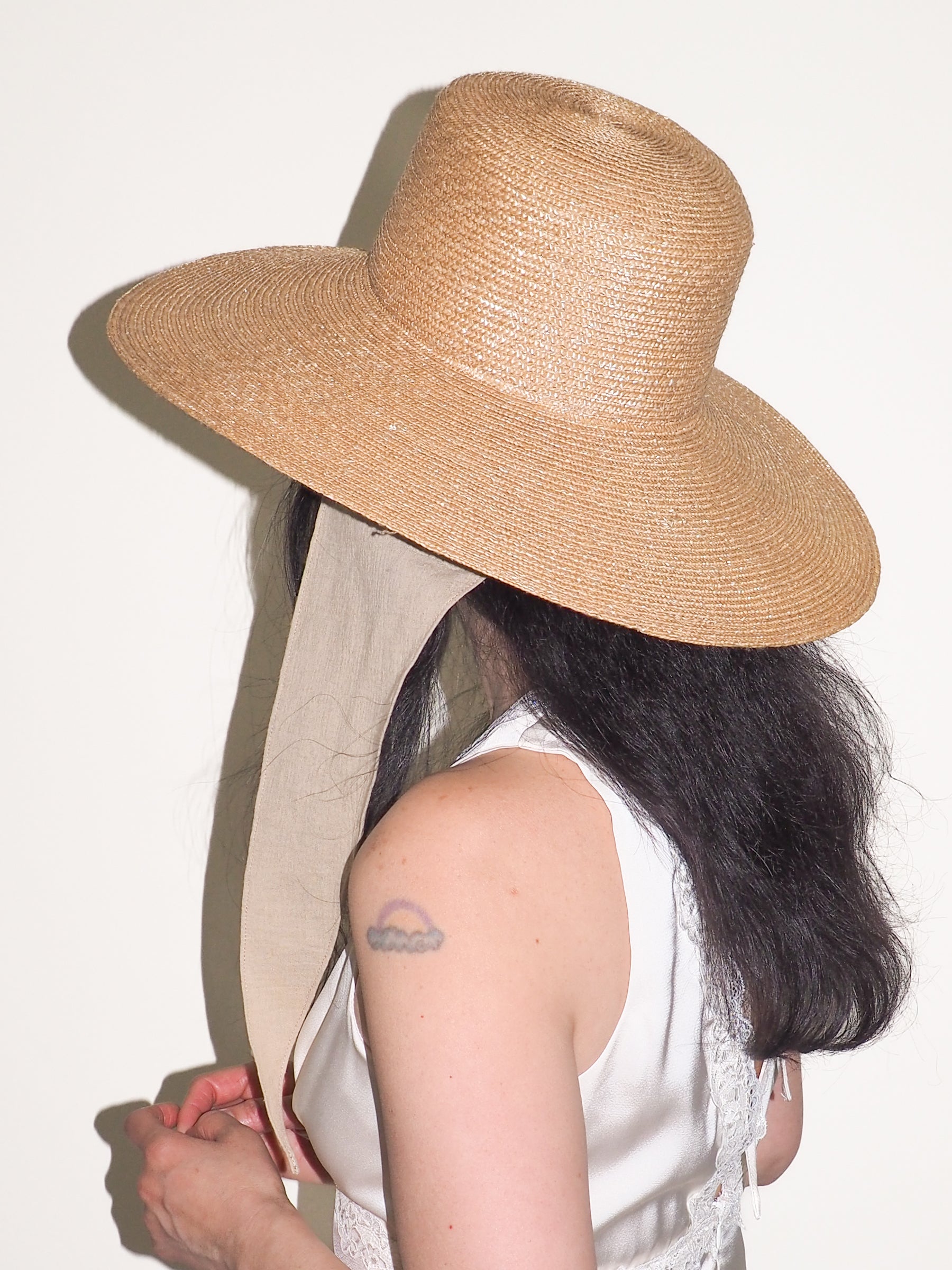 Wide Brim Flat Top Hat in Sand Straw w. Neck Shade - CLYDE