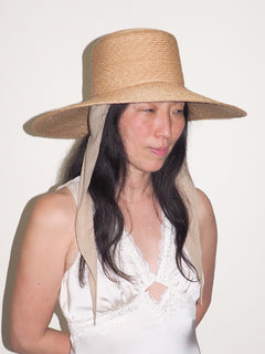 Wide Brim Flat Top Hat in Sand Straw w. Neck Shade - CLYDE