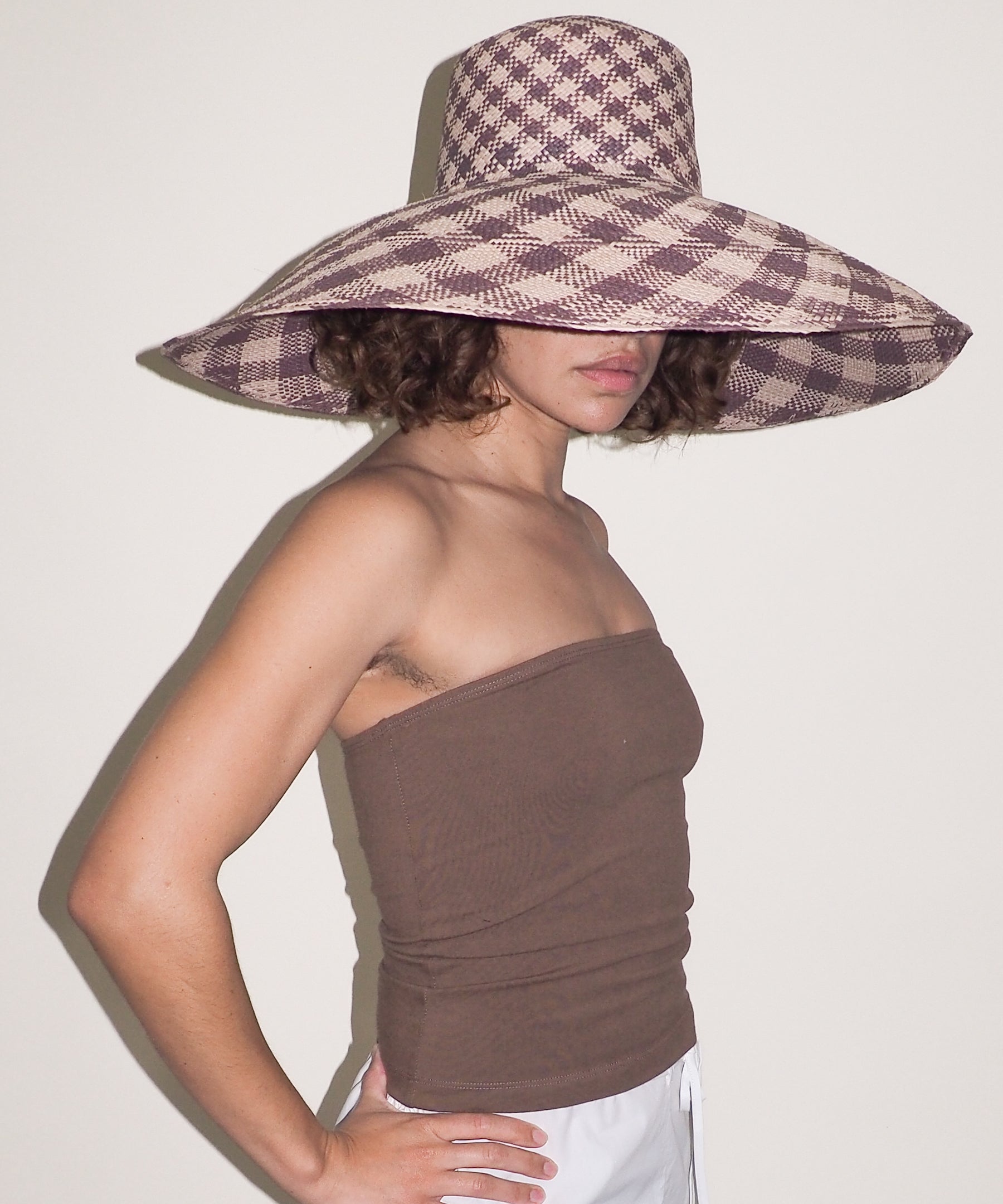 Ozone Hat in Grey & Slate Gingham Toquilla Straw - CLYDE