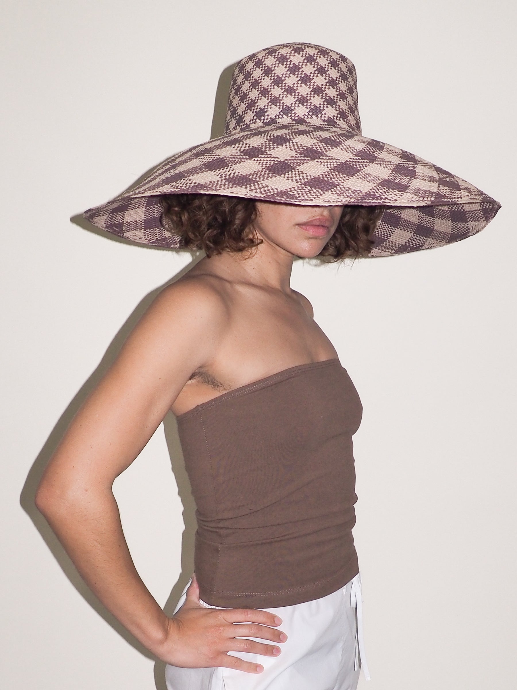 Ozone Hat in Grey & Slate Gingham Toquilla Straw - CLYDE