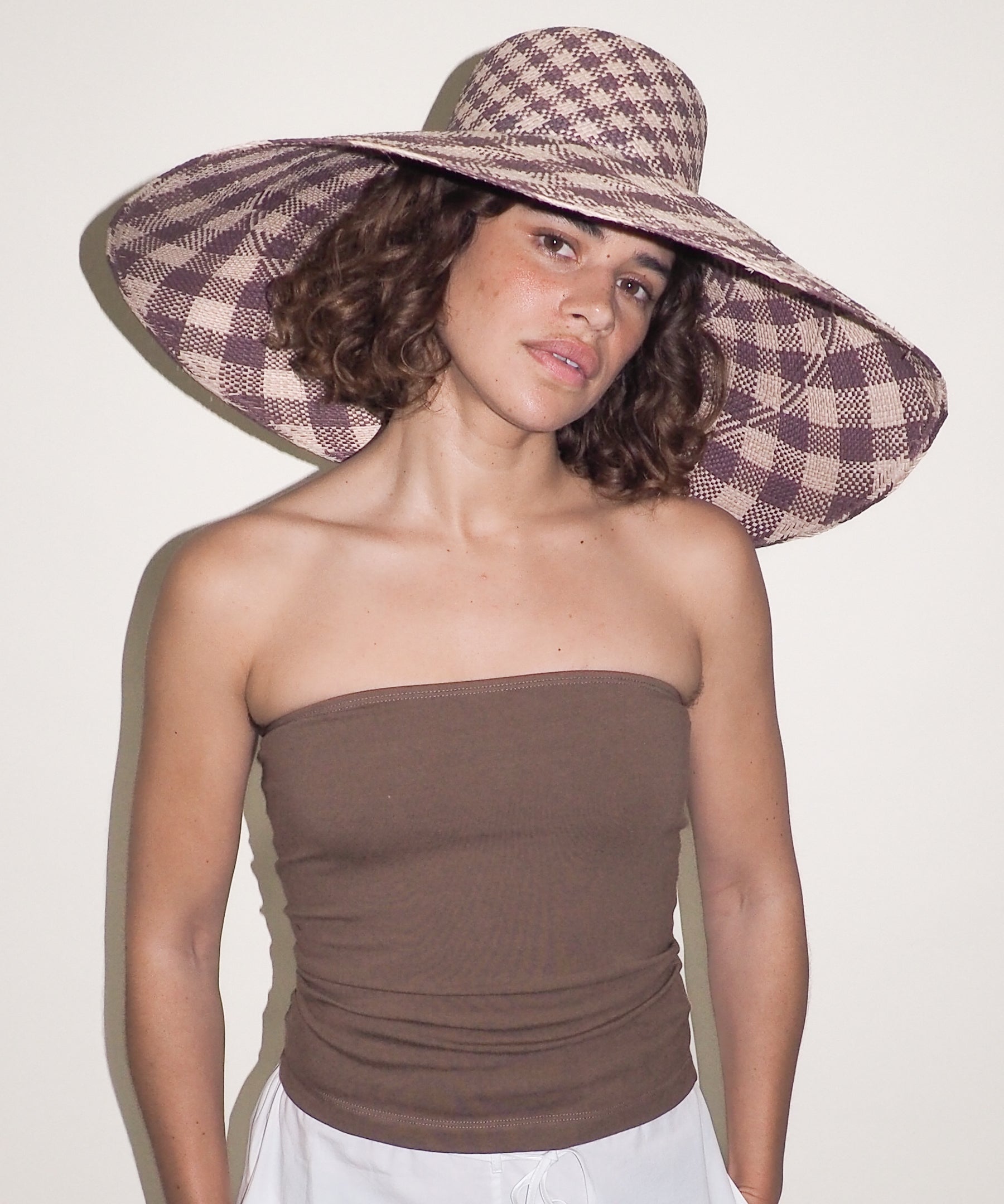 Ozone Hat in Grey & Slate Gingham Toquilla Straw - CLYDE