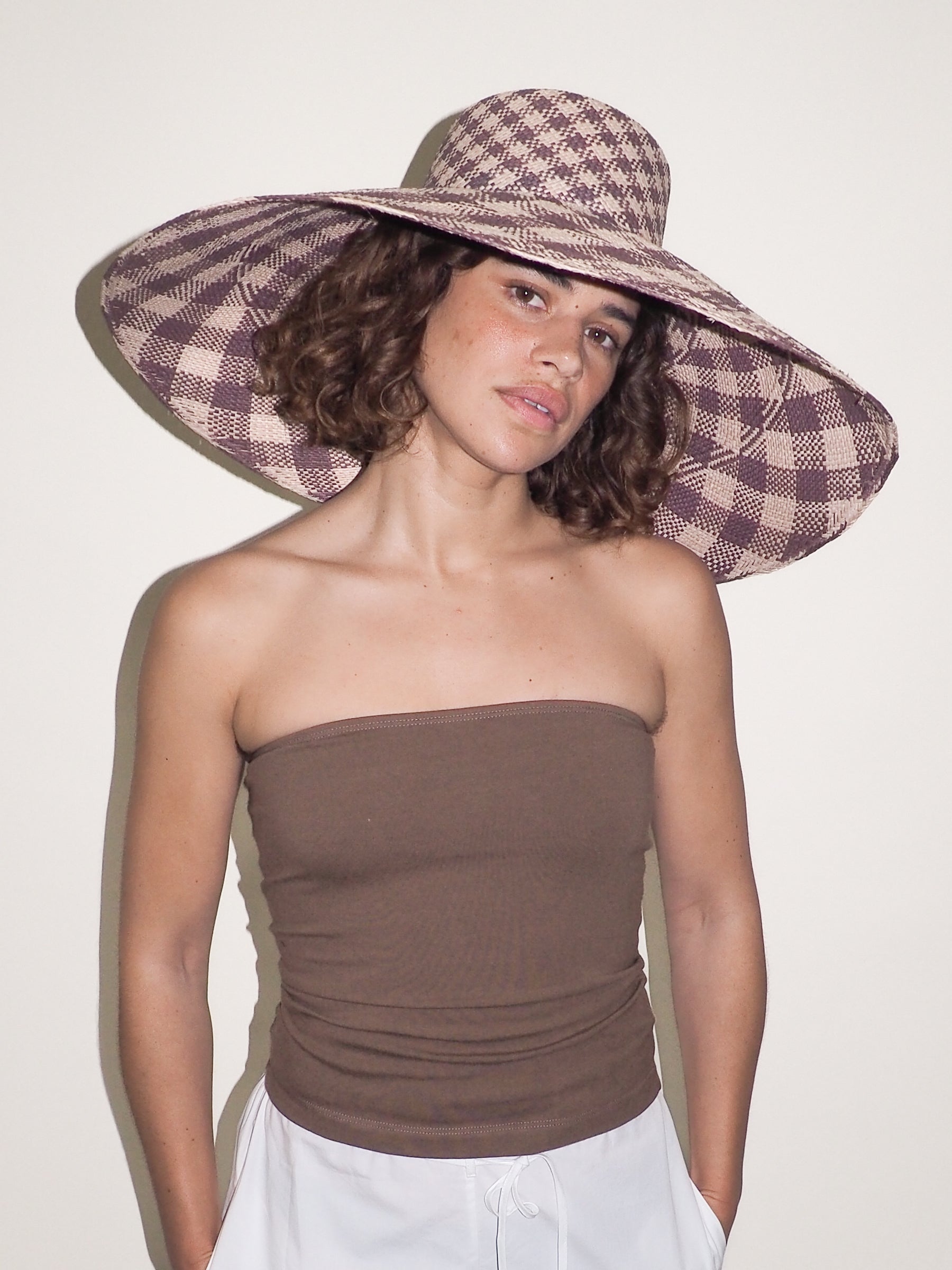 Ozone Hat in Grey & Slate Gingham Toquilla Straw - CLYDE