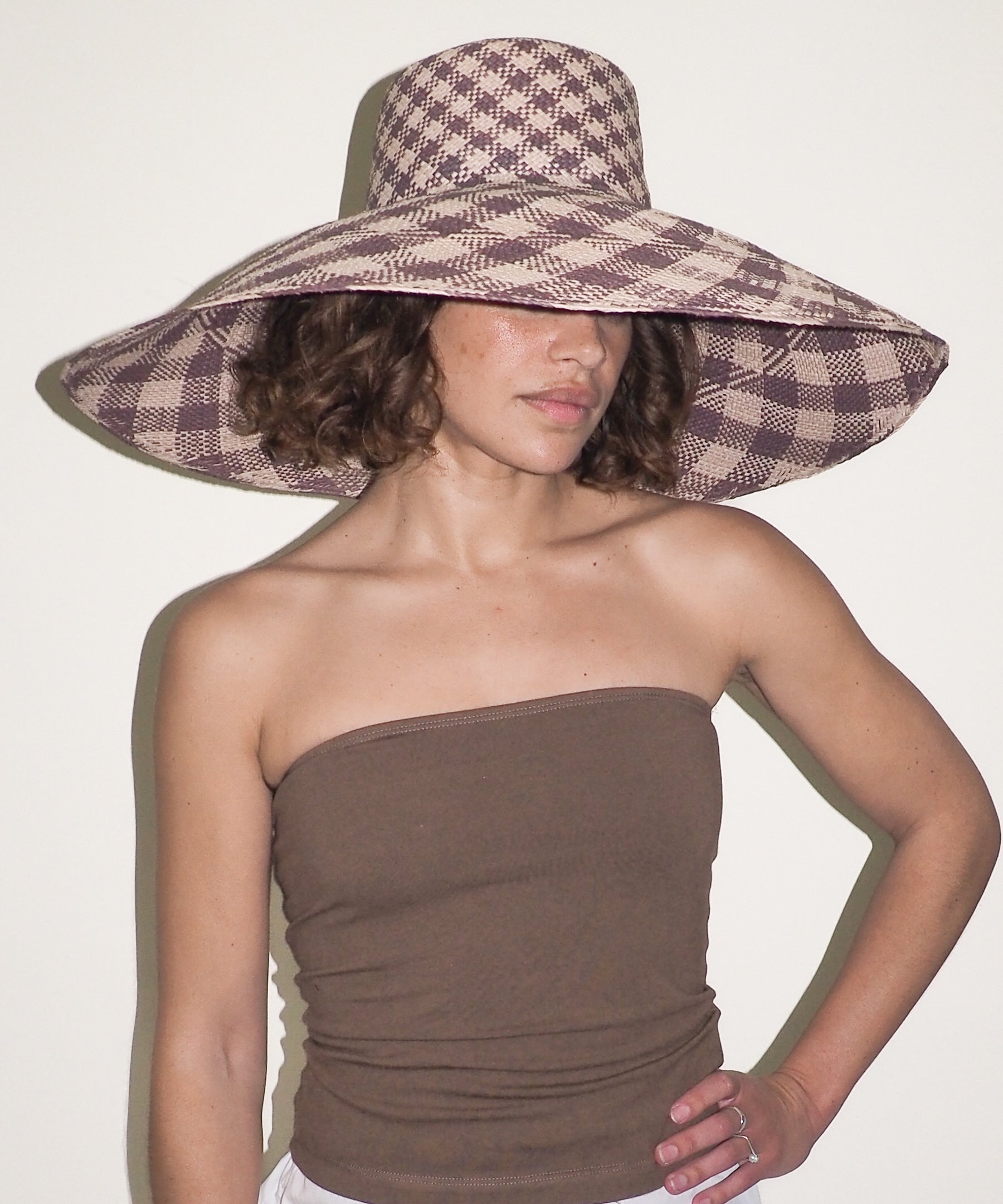 Ozone Hat in Grey & Slate Gingham Toquilla Straw - CLYDE