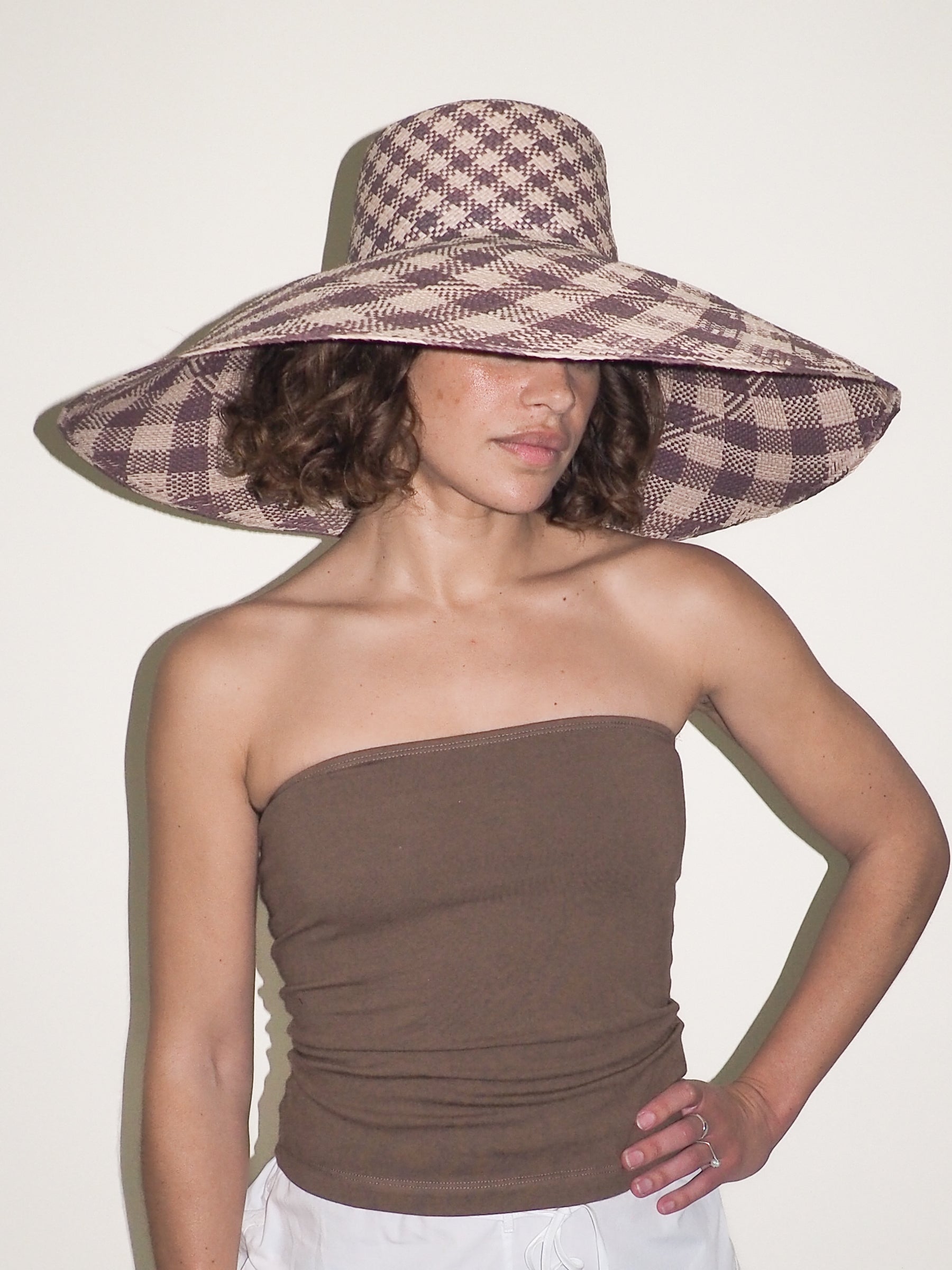 Ozone Hat in Grey & Slate Gingham Toquilla Straw - CLYDE