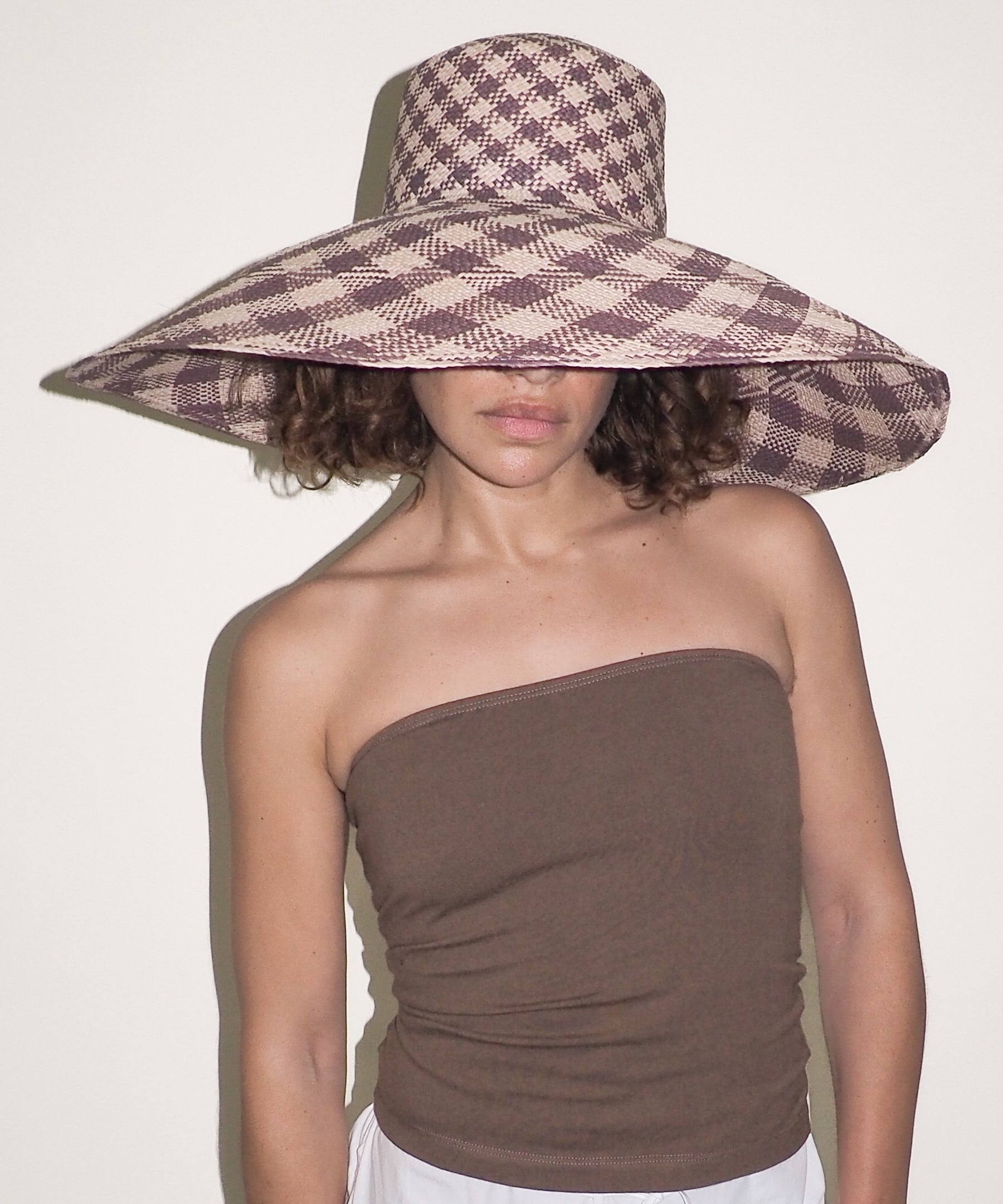 Ozone Hat in Grey & Slate Gingham Toquilla Straw - CLYDE
