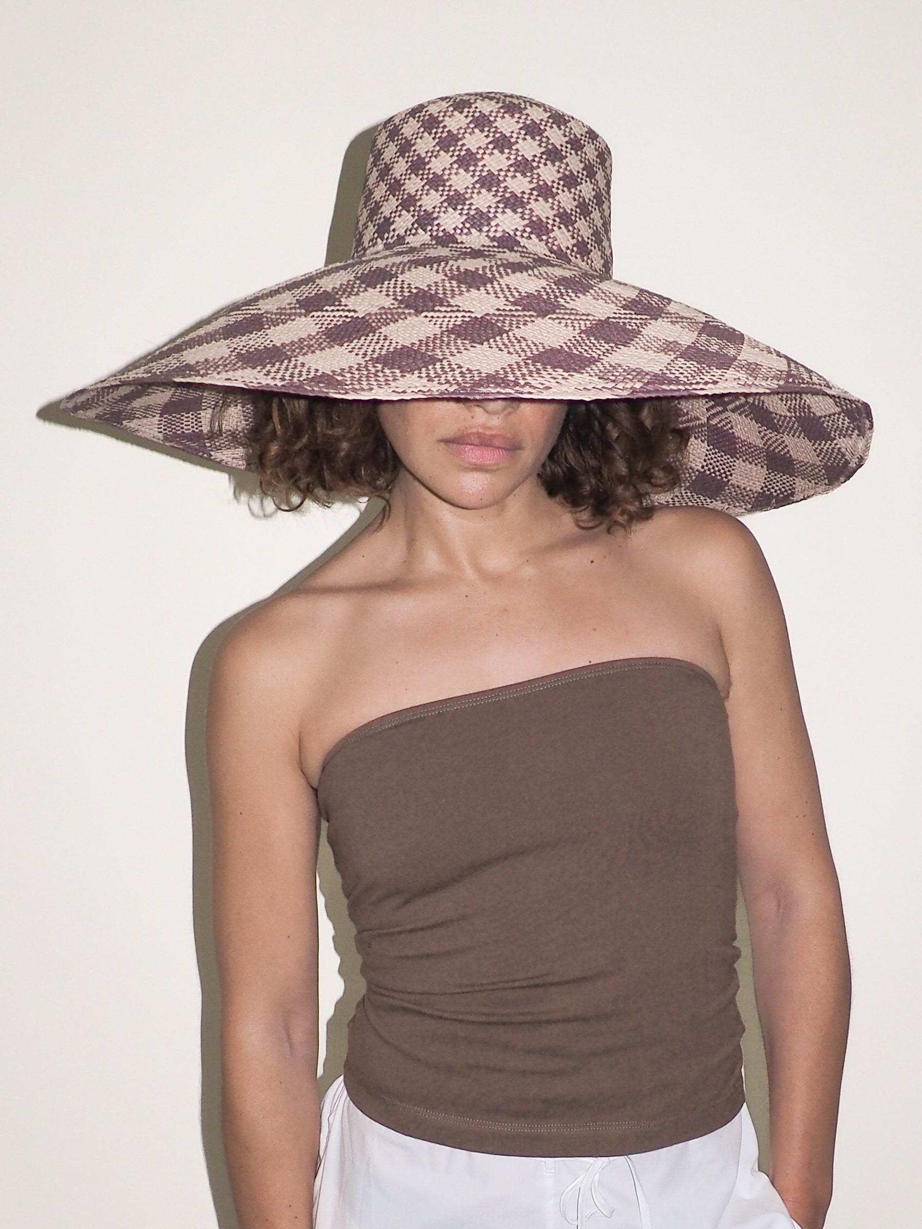 Ozone Hat in Grey & Slate Gingham Toquilla Straw - CLYDE