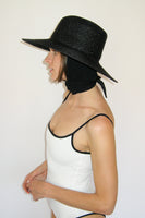 Medium Brim Flat Top Hat in Black Straw w. Neck Shade - CLYDE