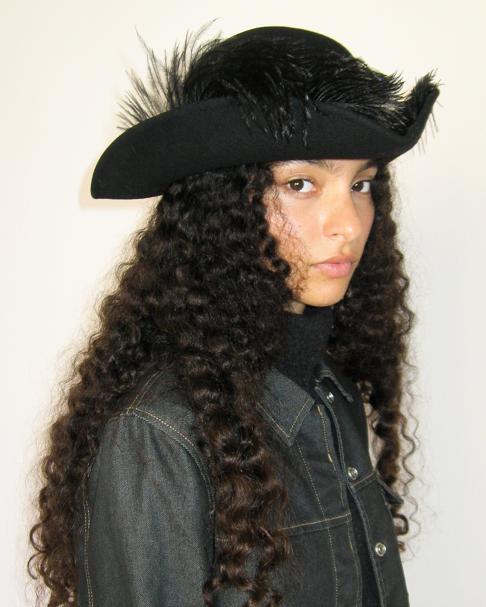 Plumed Tricorn Hat in Black Wool - CLYDE
