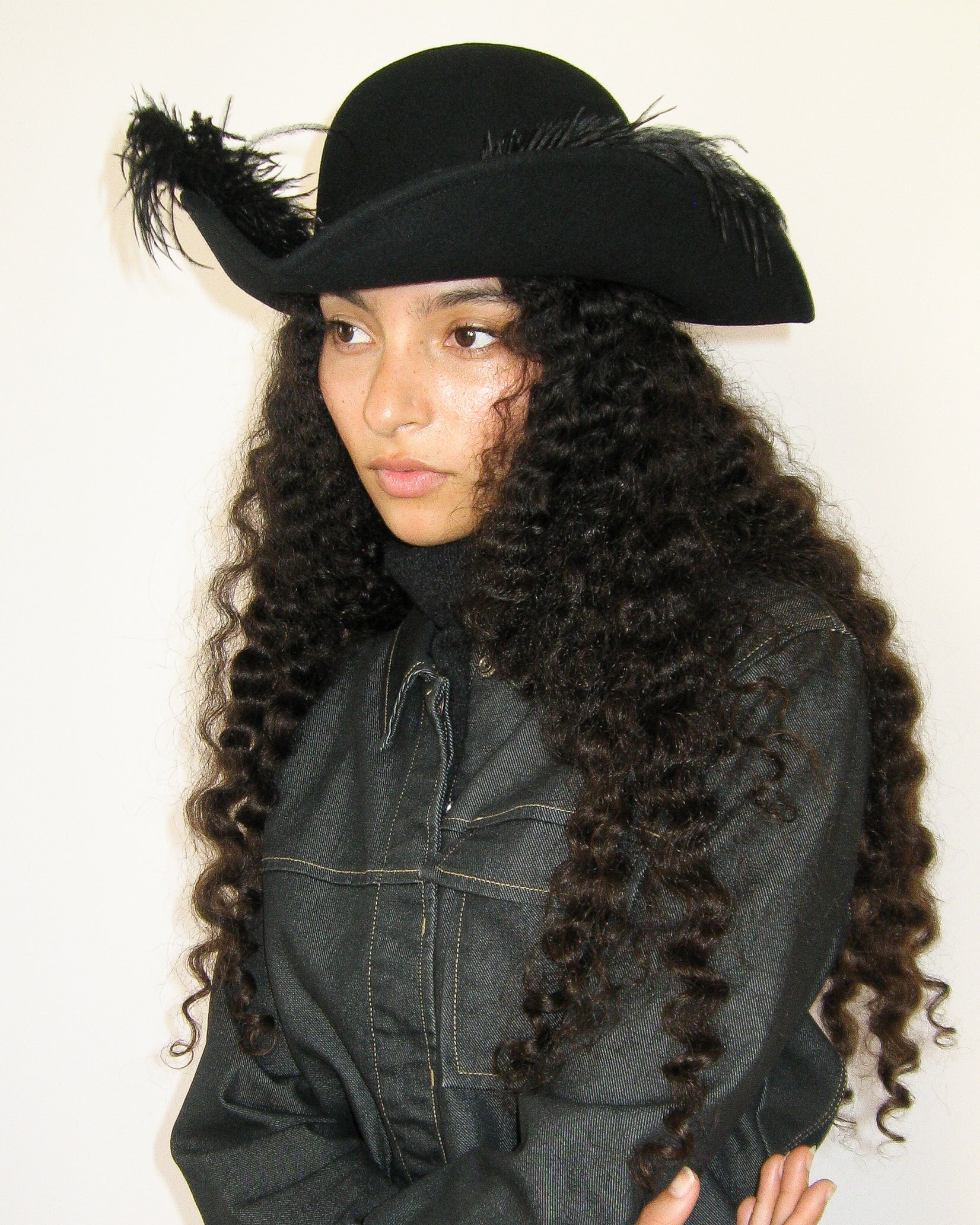 Plumed Tricorn Hat in Black Wool - CLYDE