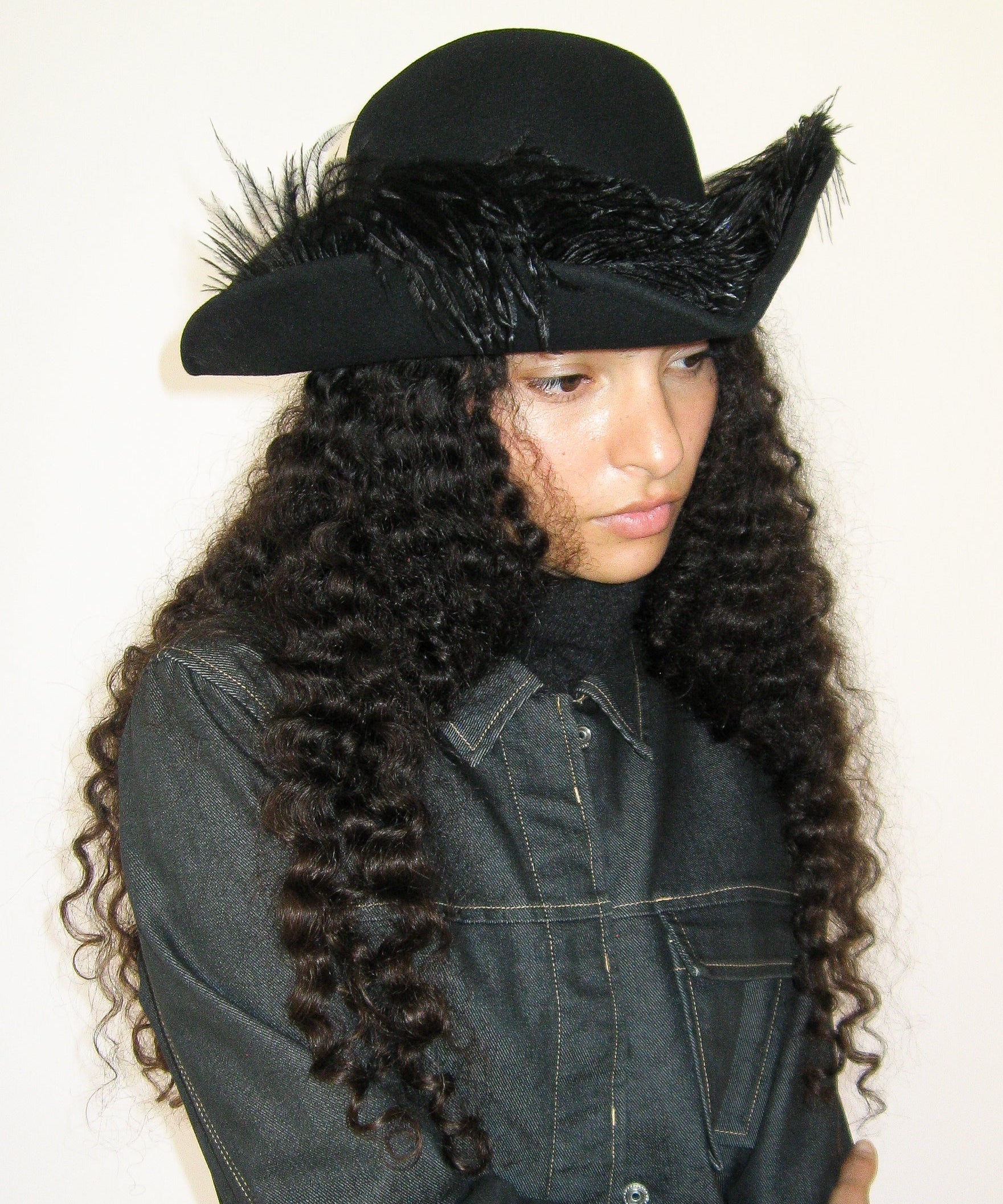 Plumed Tricorn Hat in Black Wool - CLYDE